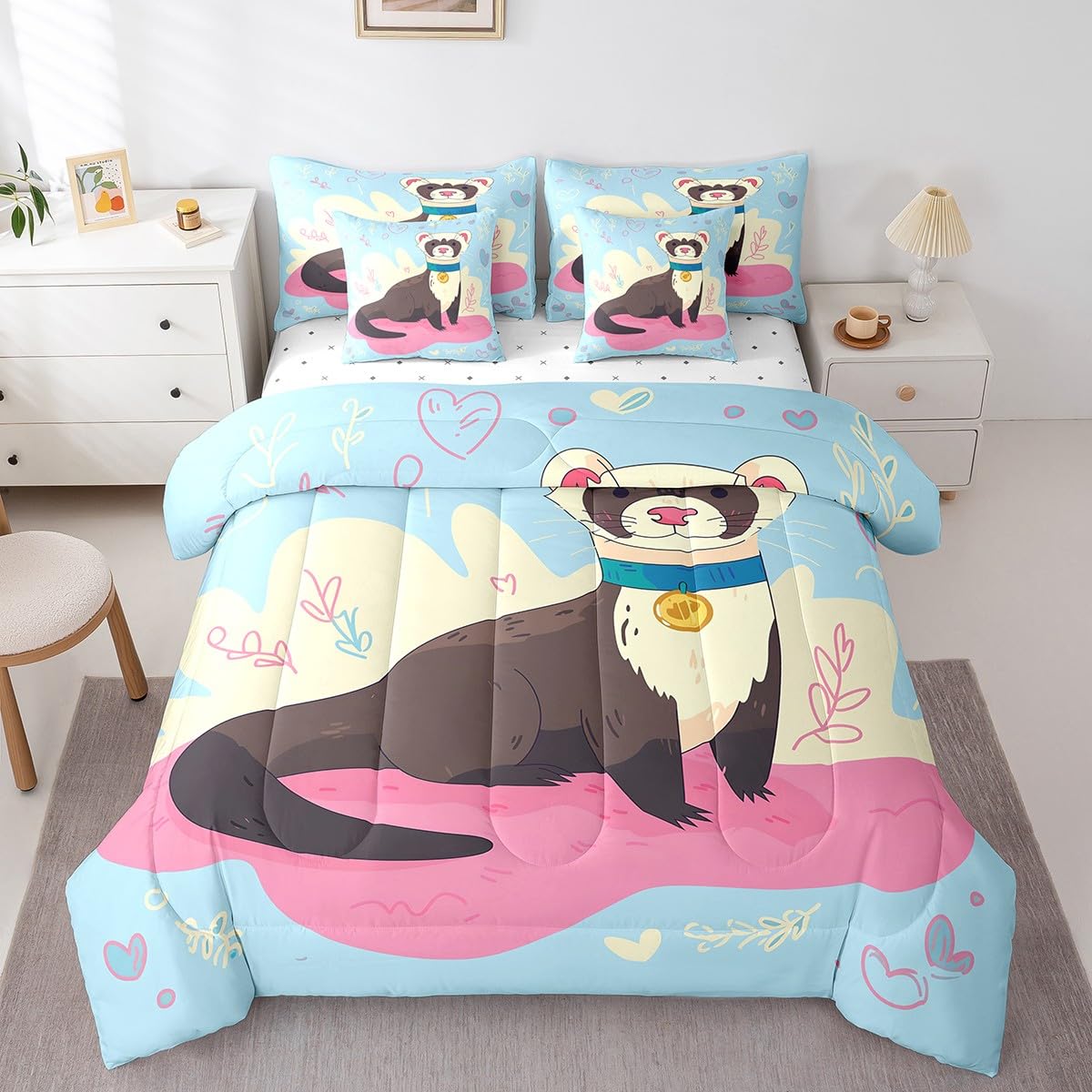 Erosebridal Ferret Comforter Set 7 Piece Bed in a Bag Twin,Cartoon Wildlife Pet Minks Weasel Animal Bedding Sets Kawaii Wild Animals Sheet Set with Comforter