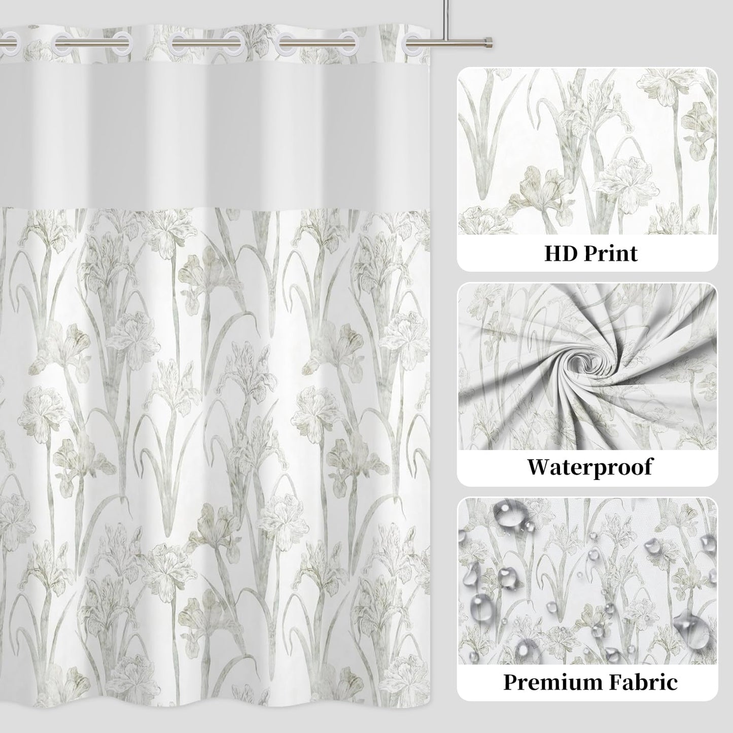 NAEMBCU No Hook Floral Shower Curtain with Snap in Fabric Liner, Botanical Shower Curtains for Farmhouse Bathroom, Mesh Top Window and Waterproof Washable, 71x74 Inch
