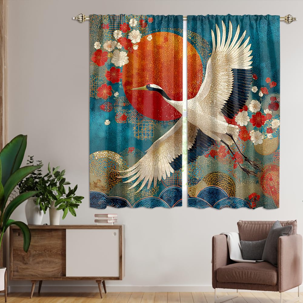 XSUPFLYM Colorful Abstract Japanese Crane Blackout Curtain for Living Room Beautiful Red Sun Animal Crane Cherry Blossom Great Waves Thermal Insulated Curtain for Bedroom 2 Panels Each 21" W x 54" L