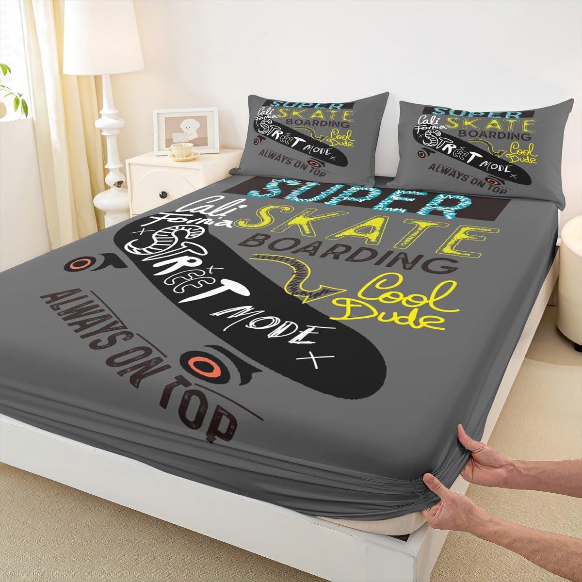 Feelyou Youth Skateboard Bedding Set Kids Extreme Sports Theme Bed Sheet Set Boys Teens Hipster Fitted Sheet Hip Hop Street Culture Bed Cover,Room Decor 3Pcs Sheets Full Size,Gray