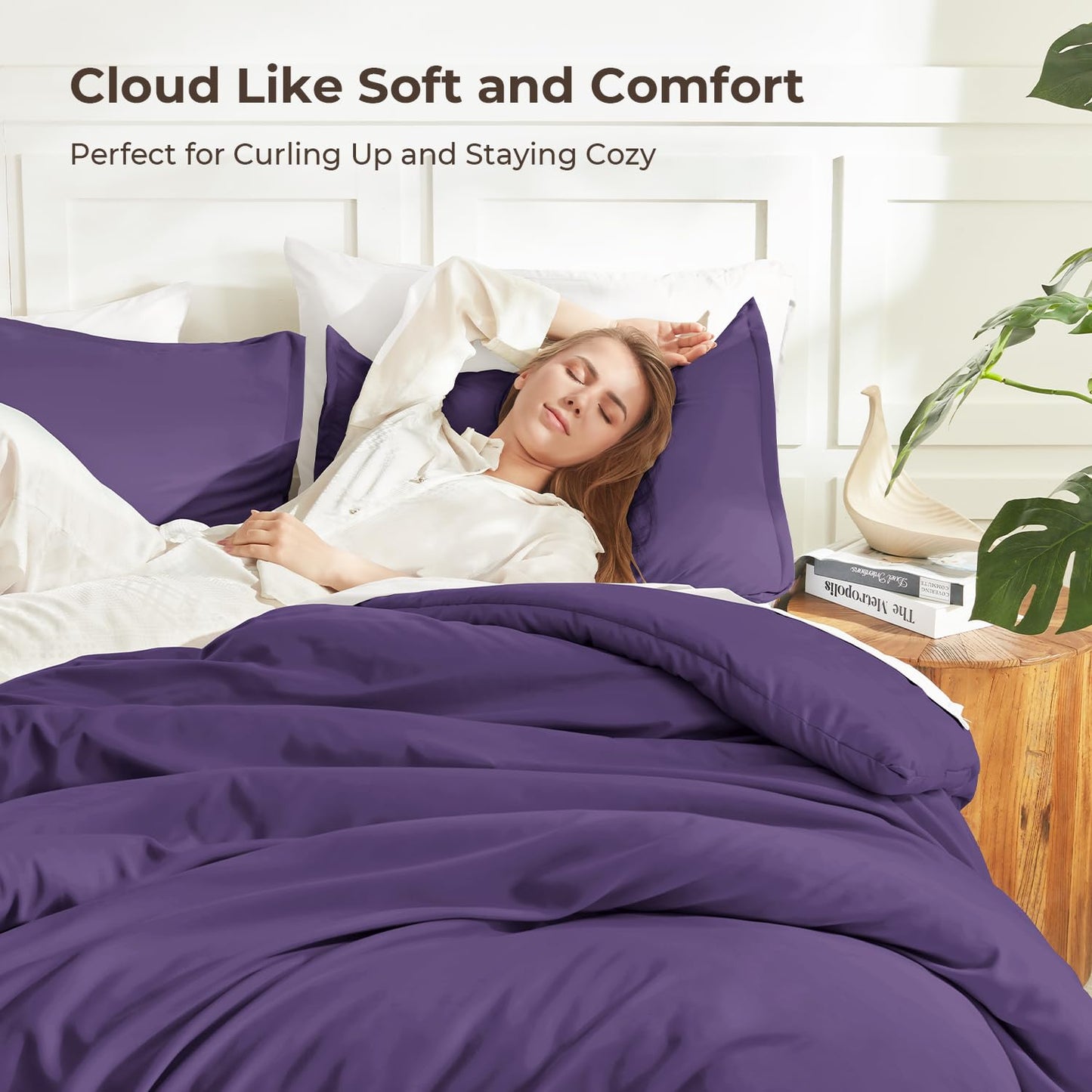 Litanika Dark Violet Purple Comforter Set King Size, 3 Pieces Lightweight Solid Bedding Comforter Set, All Season Fluffy Bed Set (104x90In Comforter & 2 Pillowcases)