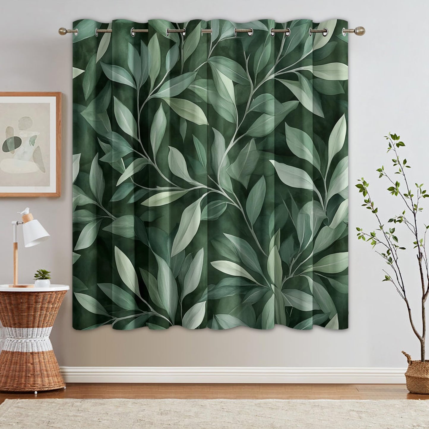 MOBEITI Leaf Curtains for Living Room - Green Leaf Curtain for Bedroom Living Room, Leaves Window Curtains, Botanical Home Decor Drapes 2 Panel Sets, Grommet Black Out Curtain 63 Inch Long