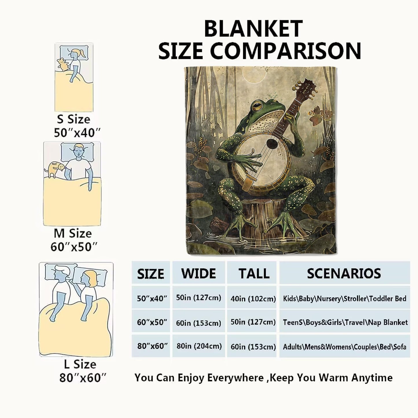 VODRM Banjo-Playing Frog Blanket Whimsical Woodland Throw Blankets with Musical Animal & Moonlit Swamp,Birthday Gifts for Kids Adult,Lightweight Soft Fleece,for Sofa Couch Bed Room Decor 50x60in