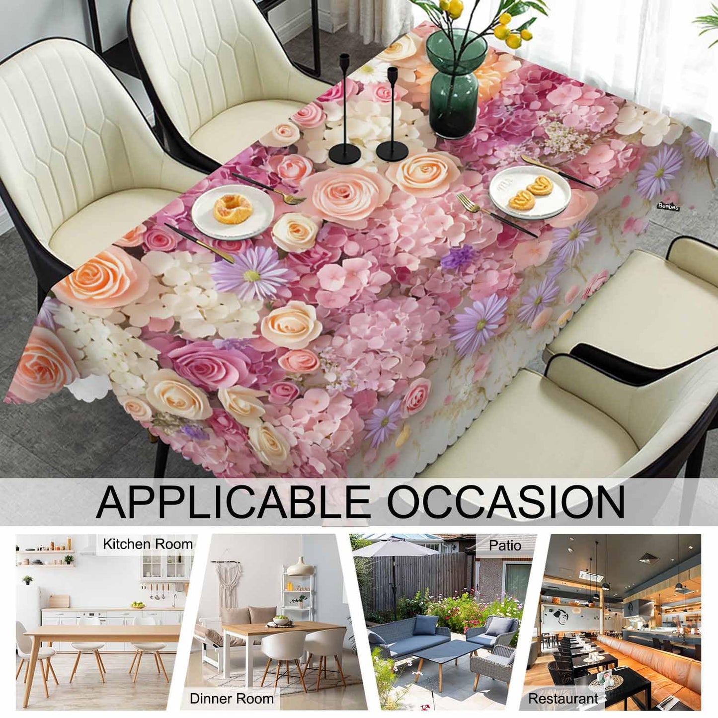 Beabes Rose Dinner Tablecloth Table Cover, Pink Wall Floral Roses Peonies Blossom 52x70 Inch Table Cloth Dust-Proof Table Cover Protector for Home Restaurant Picnic Camping BBQ