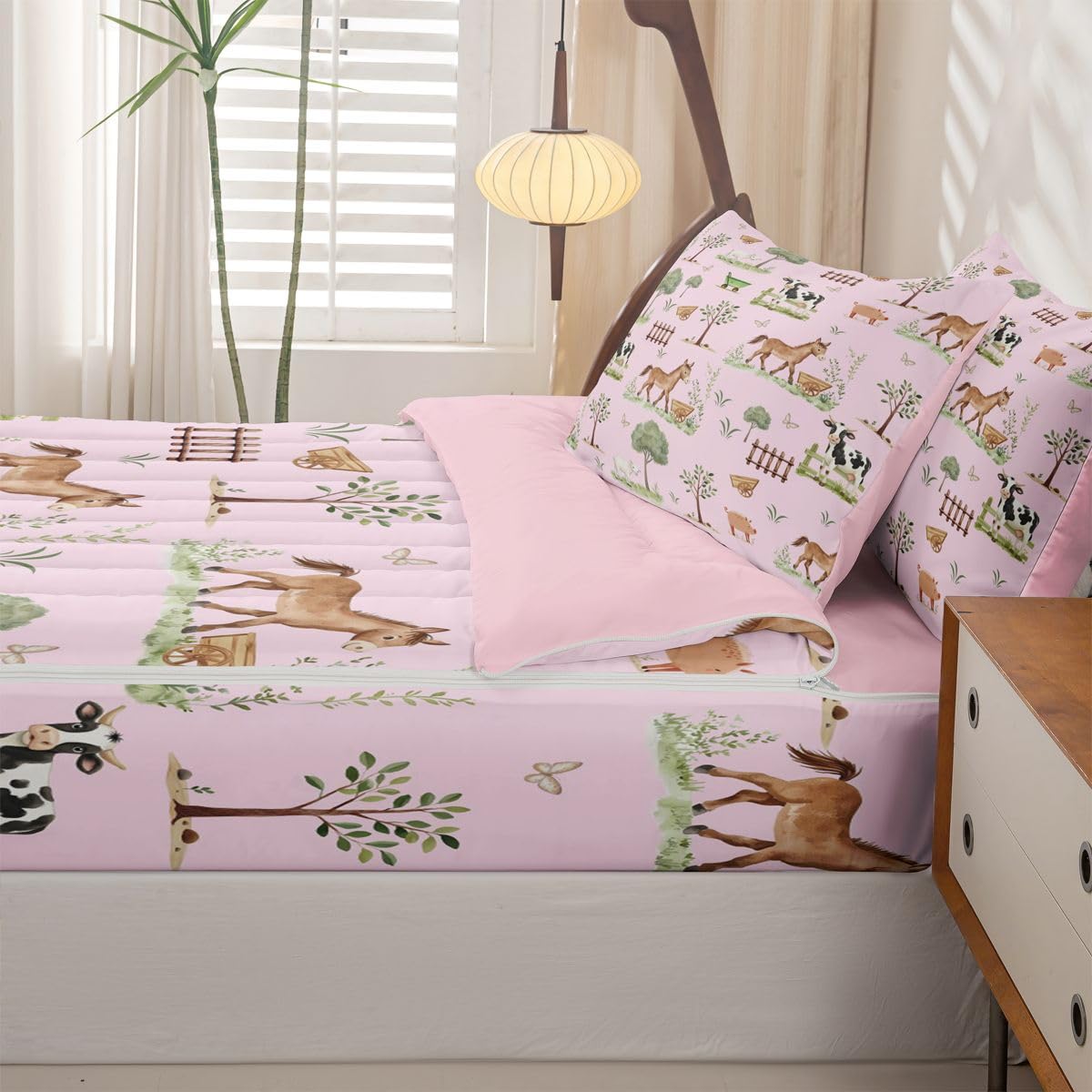 Erosebridal Farm Animal Kids Zip Up Bedding Set Twin Pink Cartoon Animals Zipper Comforter Set with Sheets Western Rustic Farmhouse Bed in a Bag Cute Horse Sheep Cow Pig Woodland Trees Bed Sets