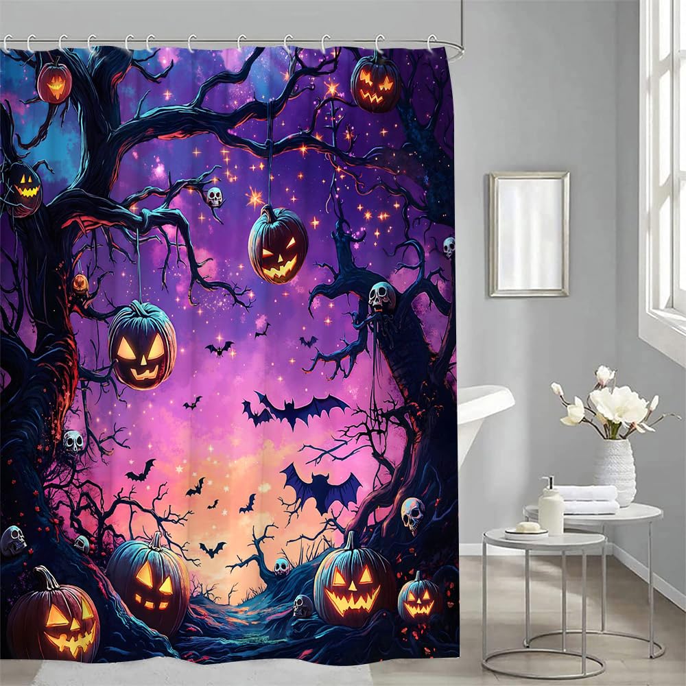 YSSFAV Purple Halloween Shower Curtain Spooky Pumpkin Fantasy Starry Sky Scary Night Bats Black Tree Horror Skull Gothic Bathroom Decor Curtains Set with Hooks, 70" W x 70" H