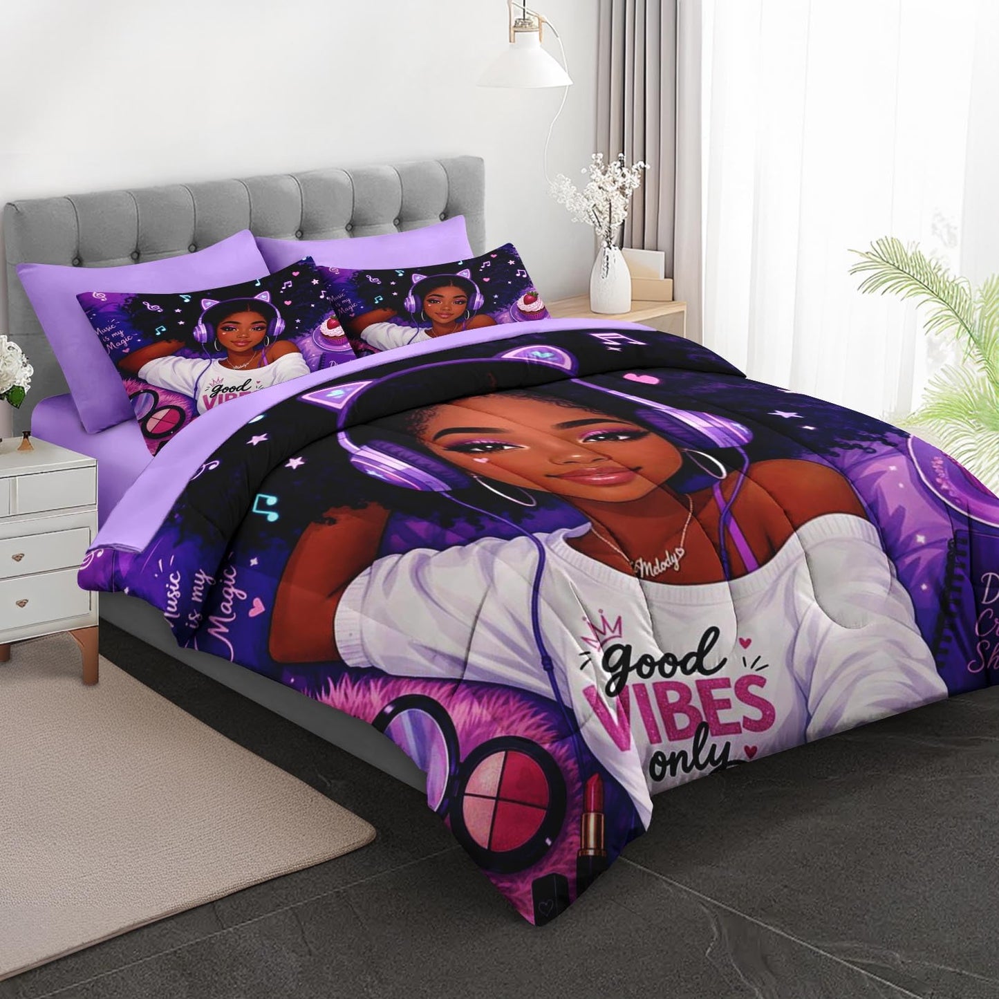 Boewywh Comforter Set Twin Size Music Purple Kawaii 5 Pcs, Bedding for Kids and Adults, Black Girly Bed Sheet Sets with Fitted Sheet Pillowcase & Sham for Bedroom Bed Decor