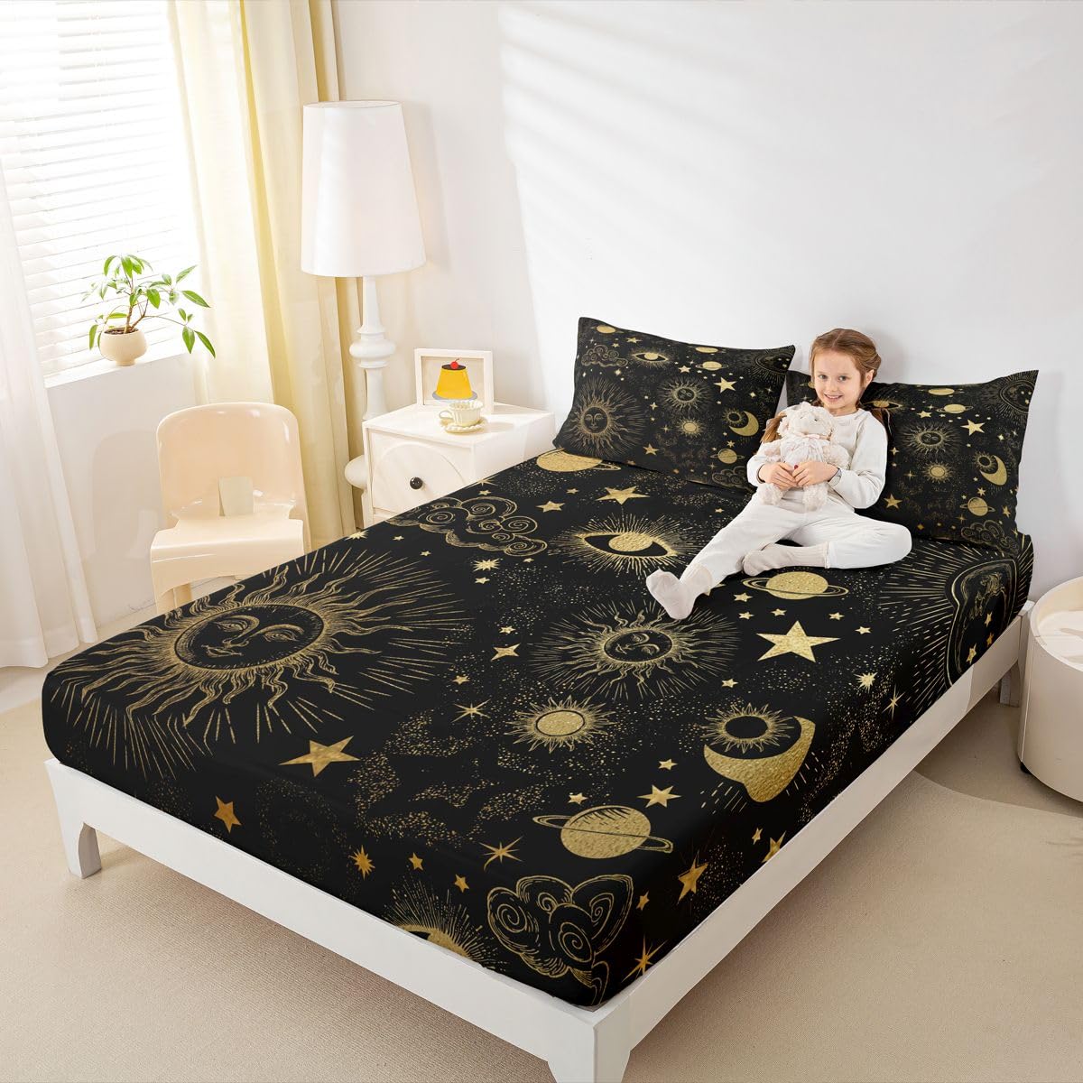 Erosebridal Star Moon Sheet Set Full Size, Starry Sky Series Bed Sheets Kids Child, Cosmic Planets Sun Face Pattern Fitted Sheet Boys Girls, Hippie Bed Cover, Soft Bohemian Bedroom Decor