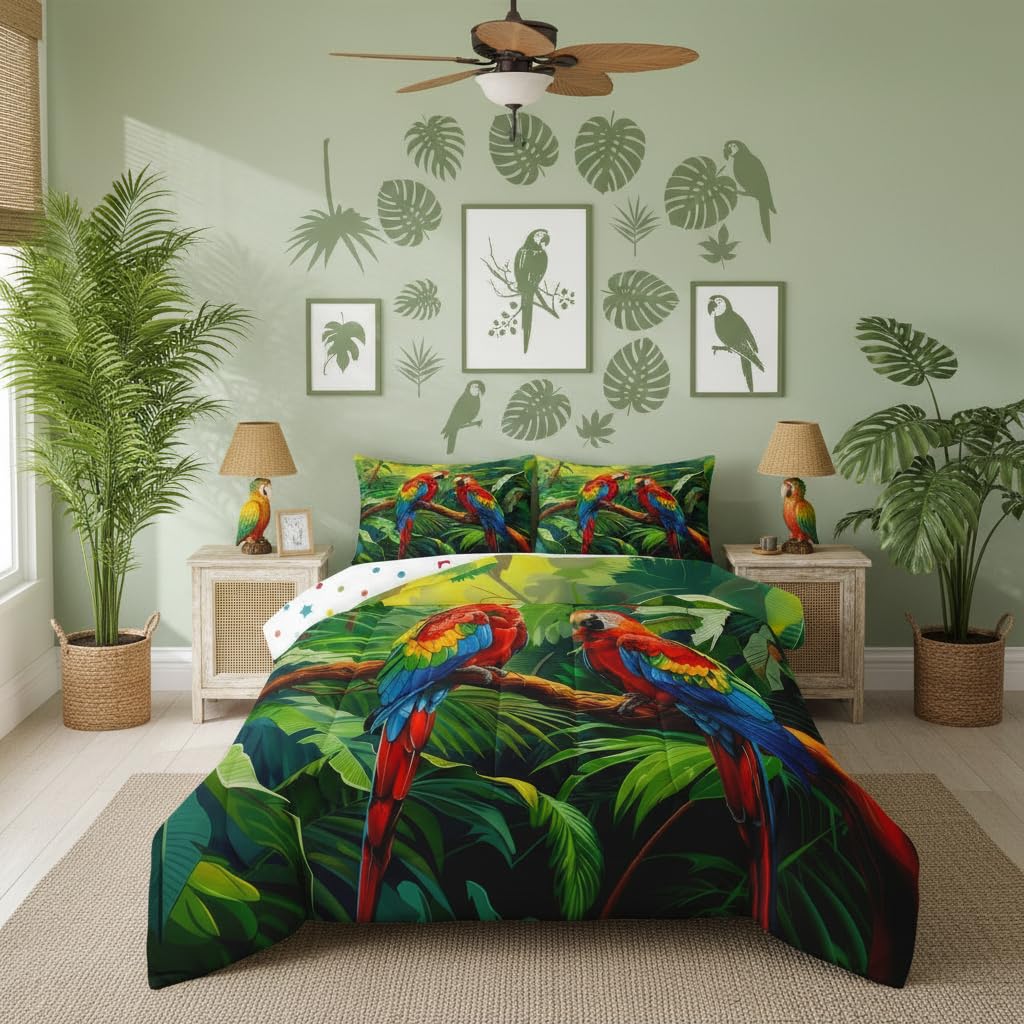Manfei Parrots Comforter Set 2Pcs Tropical Palm Leaves Twin Size Bedding Set Natural Wildlife Duvet Insert for Kids Boys Girls Adult Room Decor(1 Comforter,1 Pillowcase) Jungle Wild Animals