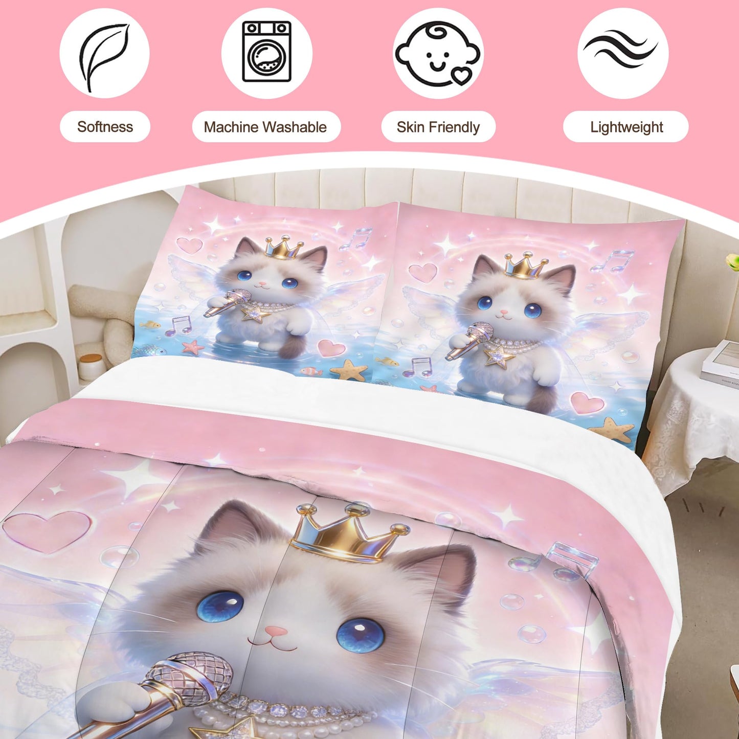 VTKON 3D Cat Bedding Set Twin Size for Girls Kids Teens Soft Kitten Pink Blue Comforter Set Cute Ragdoll Cat Print Pattern Bed Set Singing Angel Animal Quilt Set with 1 Comforter + 1 Pillow Case