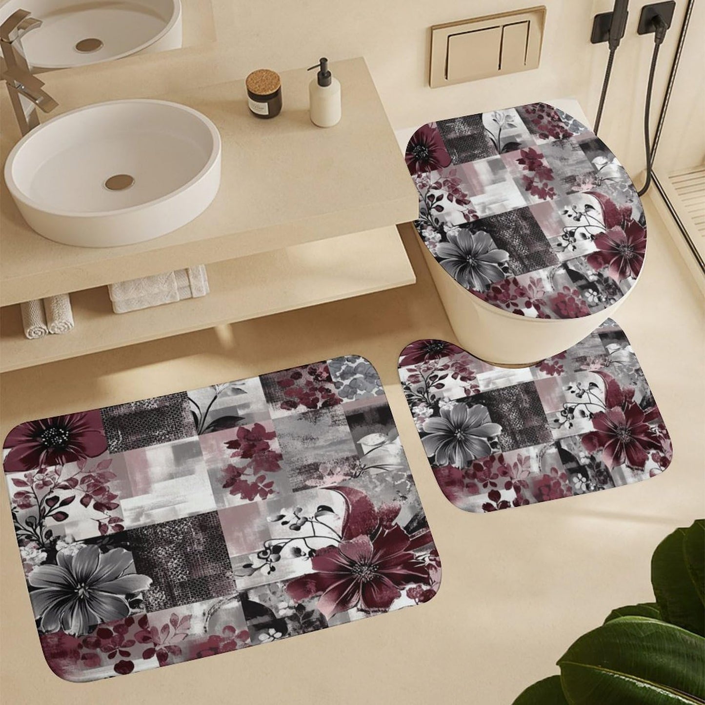 DIPQIMI 4Pcs Red Grey Flower Shower Curtain Sets with Rugs, Toilet Lid Cover and Bath Mat, Beautiful Patchwork Botanical Bathroom Shower Curtains Set with 12 Hooks