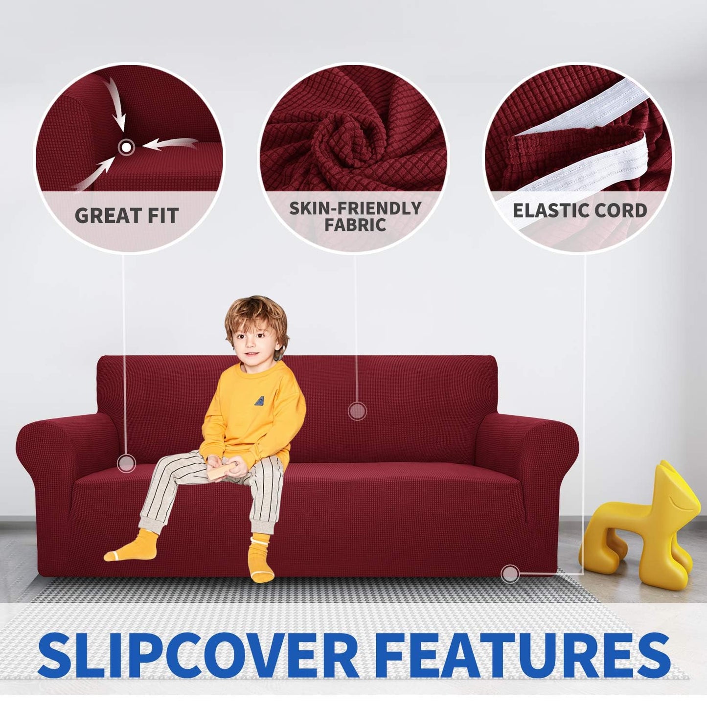 MAXIJIN Super Stretch Couch Cover for 3 Cushion Couch, 1-Piece Universal Sofa Covers Living Room Jacquard Spandex Furniture Protector Dogs Pet Friendly Fitted (Large, Wine Red)