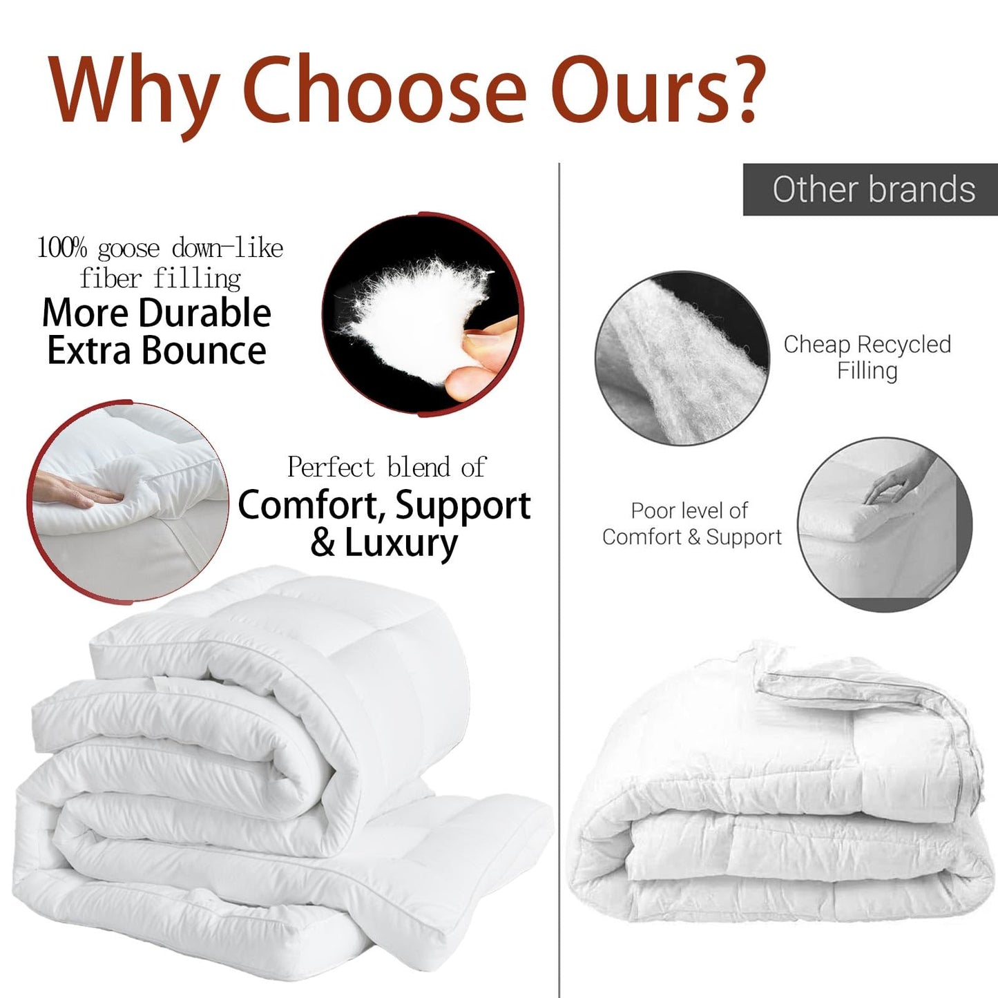 Luxury Hotel Sellected 3 Inch Mattress Topper, Goose-Down-Like Fiber Mattress Topper for Any Season Any Room, Ultra Fluffy and Long-Lasting, Durable, 4 Elastic Bands, Queen