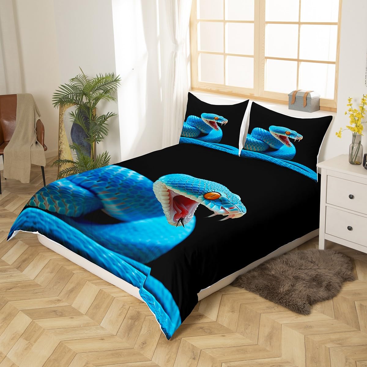 Feelyou 3D Snake Comforter Cover Set for Kids Boys Teens Green Snake Duvet Cover 3D Reptile Print Bedding Set Wild Animal Quilt Cover,Room Decor 3Pcs Bedding King Size