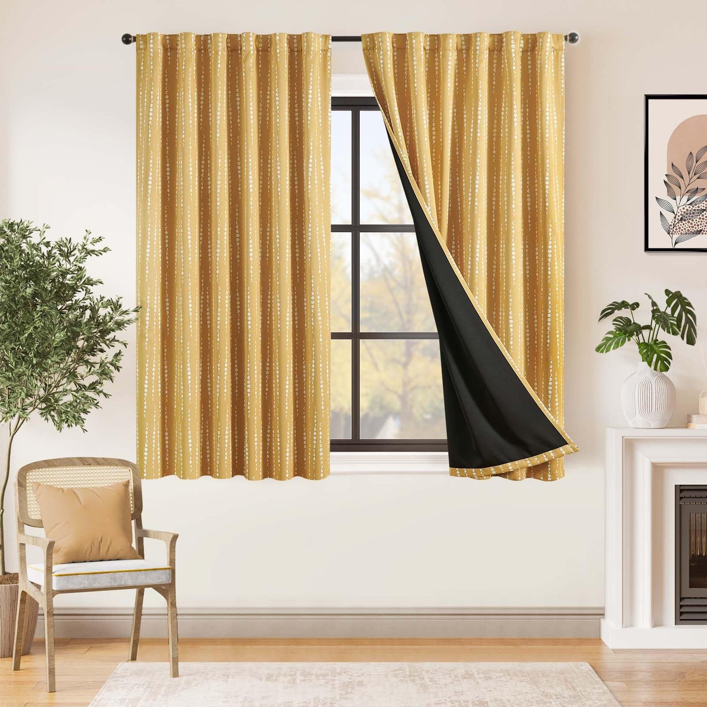 jinchan 95% Blackout Boho Curtains 63 Inch Length Moon Phases Printed Drapes Rod Pocket Thermal Insulated Curtains for Bedroom Nursery Mustard Yellow Window Drapes Curtain Set 2 Panels