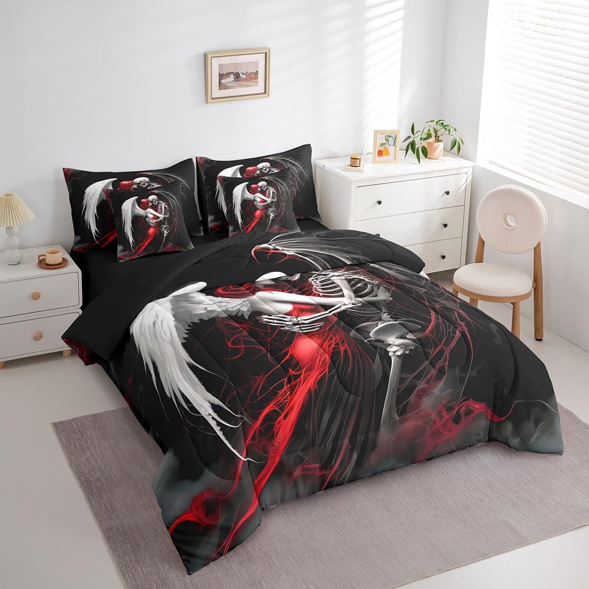 Erosebridal Gothic Skull Couple Bed in A Bag Full Size,Valentine's Day Comforter Set Skull Skeleton 7 Piece Bedding Set Red Black Angel Skeleton Sheet Set with Comforter for Men Women Room Decor