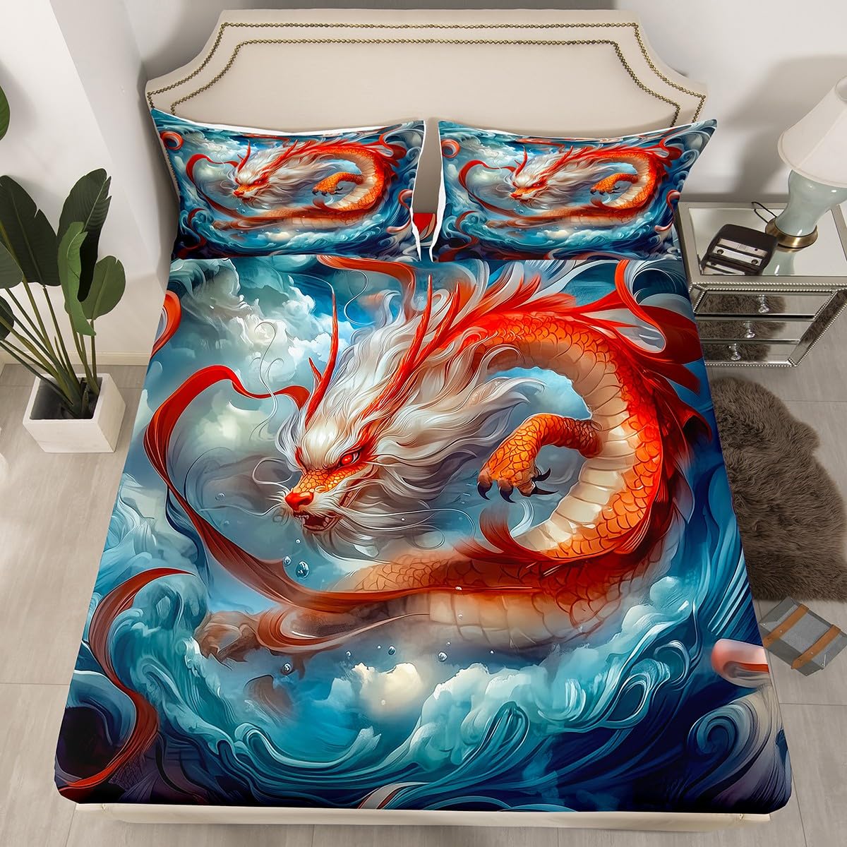 Feelyou Dragon Monster Bedding Sheets Full Red Mighty Dragon Bed Sheet Set for Adult Kids Classical Monster Fitted Sheet Wild Animal Bed Cover 3Pcs,1 Fitted Sheet+2 Pillow Sham（No Flat Sheet）