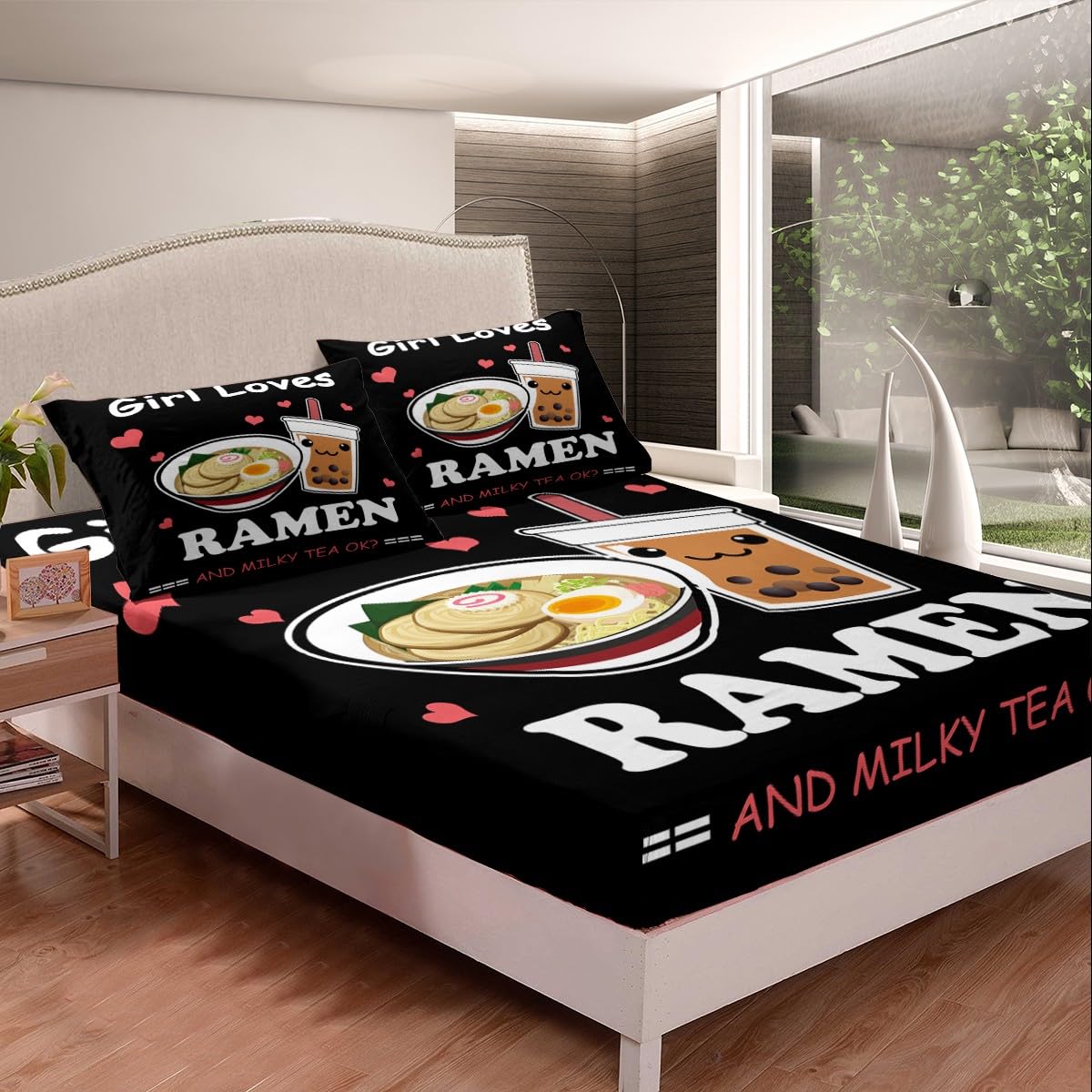Feelyou Ramen Boba Fitted Sheet Anime Bedding Set for Kids Boys Girls Teens Noodles Bubble Tea Bed Sheets Set Girl Loves Ramen Boba Bed Cover Room Decor Bed Set Full Size