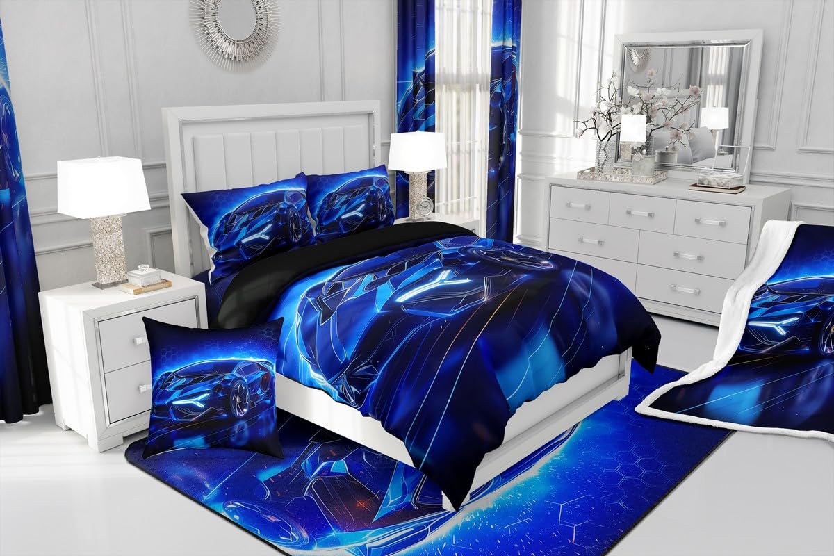 Feelyou Kids Boys Sports Car 7 Piece Bedding Set Full Size Blue Race Car Comforter Set with Sheets for Kids Teens Boys Girls Extreme Sports Theme Bed in a Bag Speed Luxury Car Bed Set