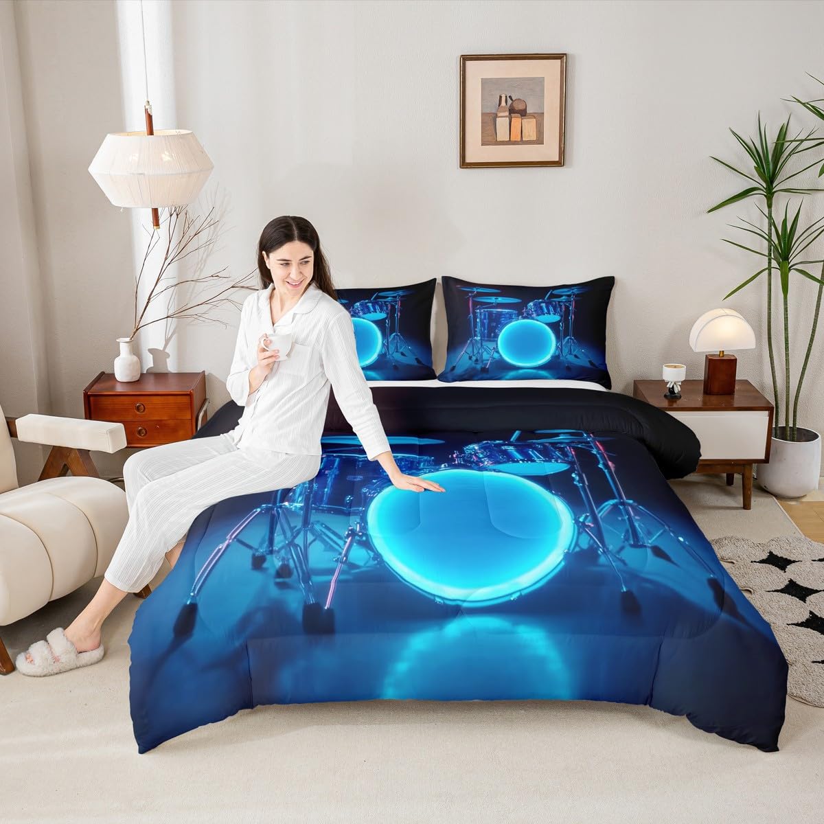 Erosebridal 3D Drum Kit Kids Comforter Sets Blue Light Drum Kit Queen Bedding Set for Boys Girls Rock Musical Instrument Comforter Set,Rock Music Theme Quilt Duvet 3 Pcs