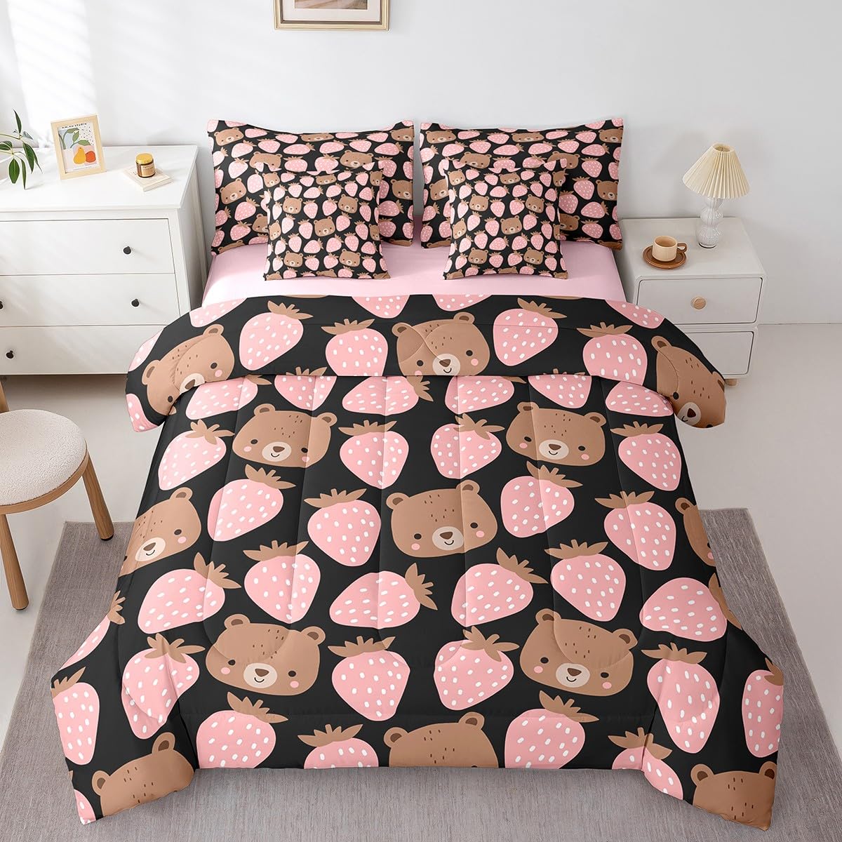 Cartoon Bear 7Pcs Comforter Set Full Size,Sweet Strawberry Bedding Sets for Kids Girls Boys Teens Room Decor,Cartoon Animals Bed in a Bag Cute Pink Fitted Flat Sheet,2 Throw Pillow 2 Pillowcases