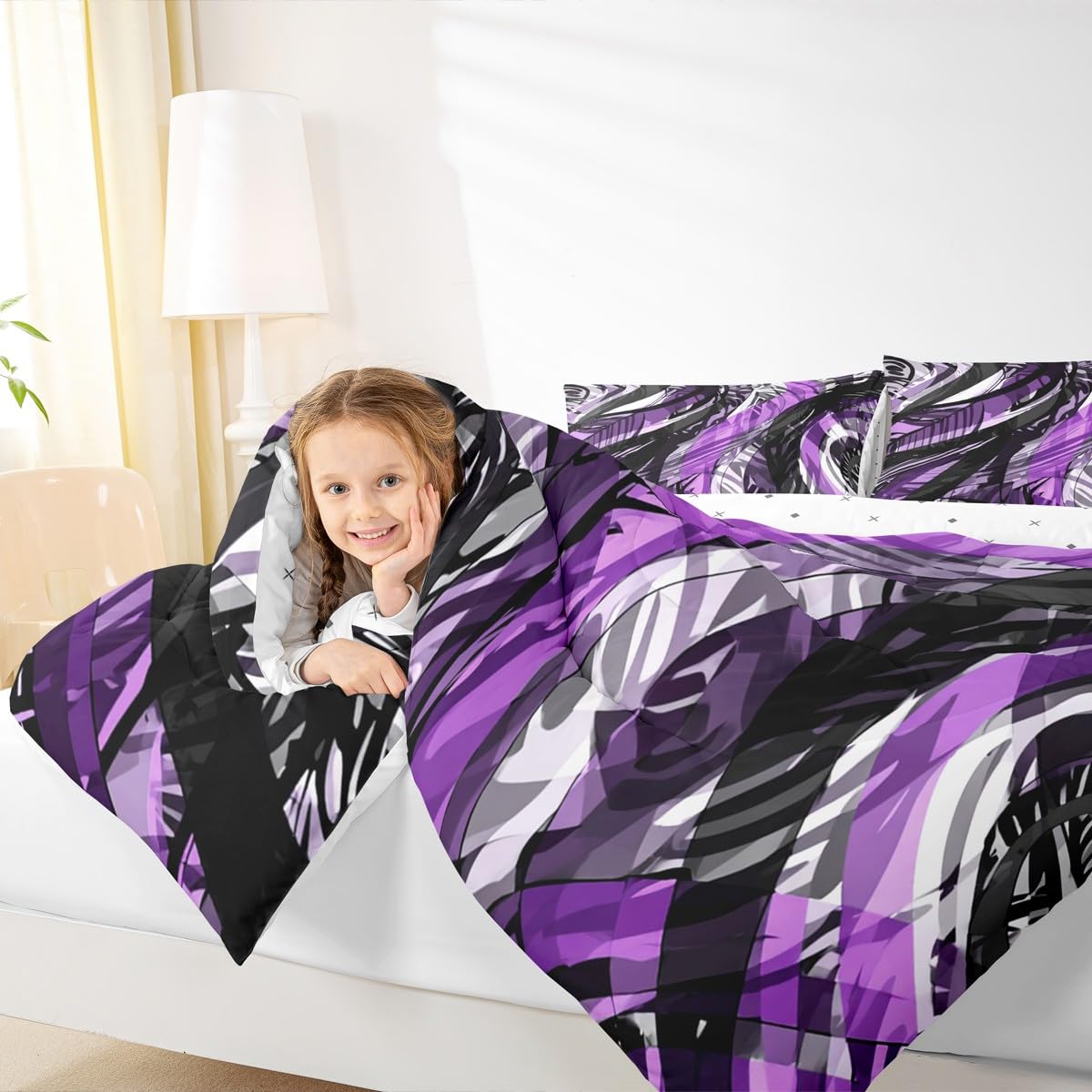jejeloiu Modern Abstract Comforter Full Size Purple Stripes Black Gray Comforter Set for Boys Girls Adults Retro Spiral Geometric Bedding Set Room Decor Quilt 3Pcs Boys