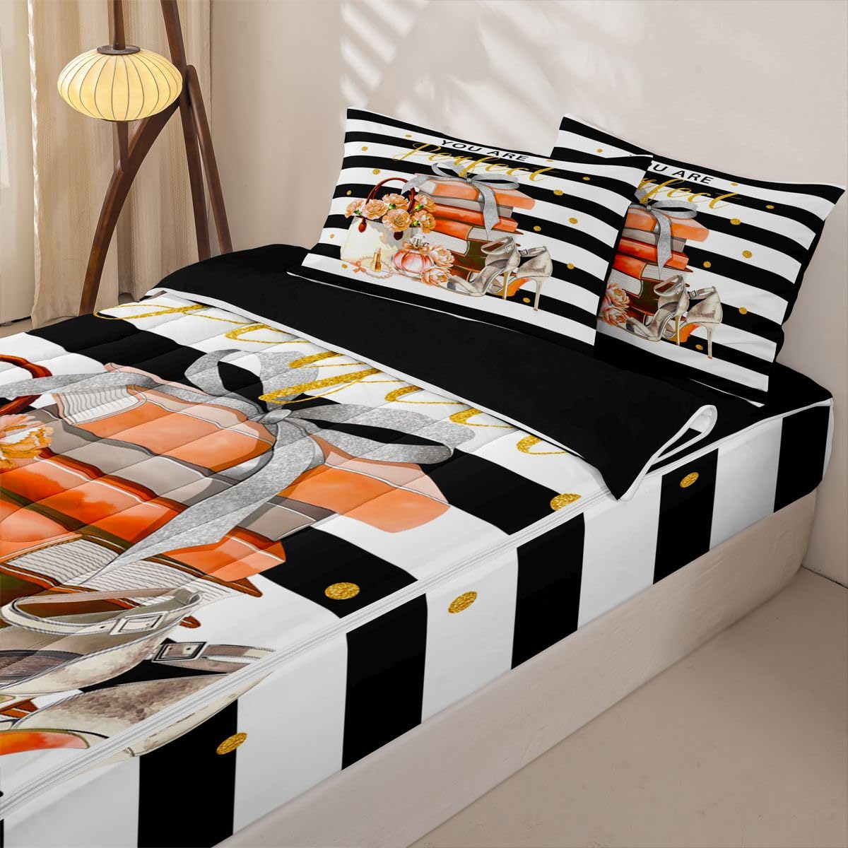 Feelyou Book Comforter Set Full Size Zipper Bedding Set for Girls Boys White Black Orange Comforter with Fitted Sheet, Pillowcases Perfume Zipper Bedding Soft Breathable Bed in a Bag