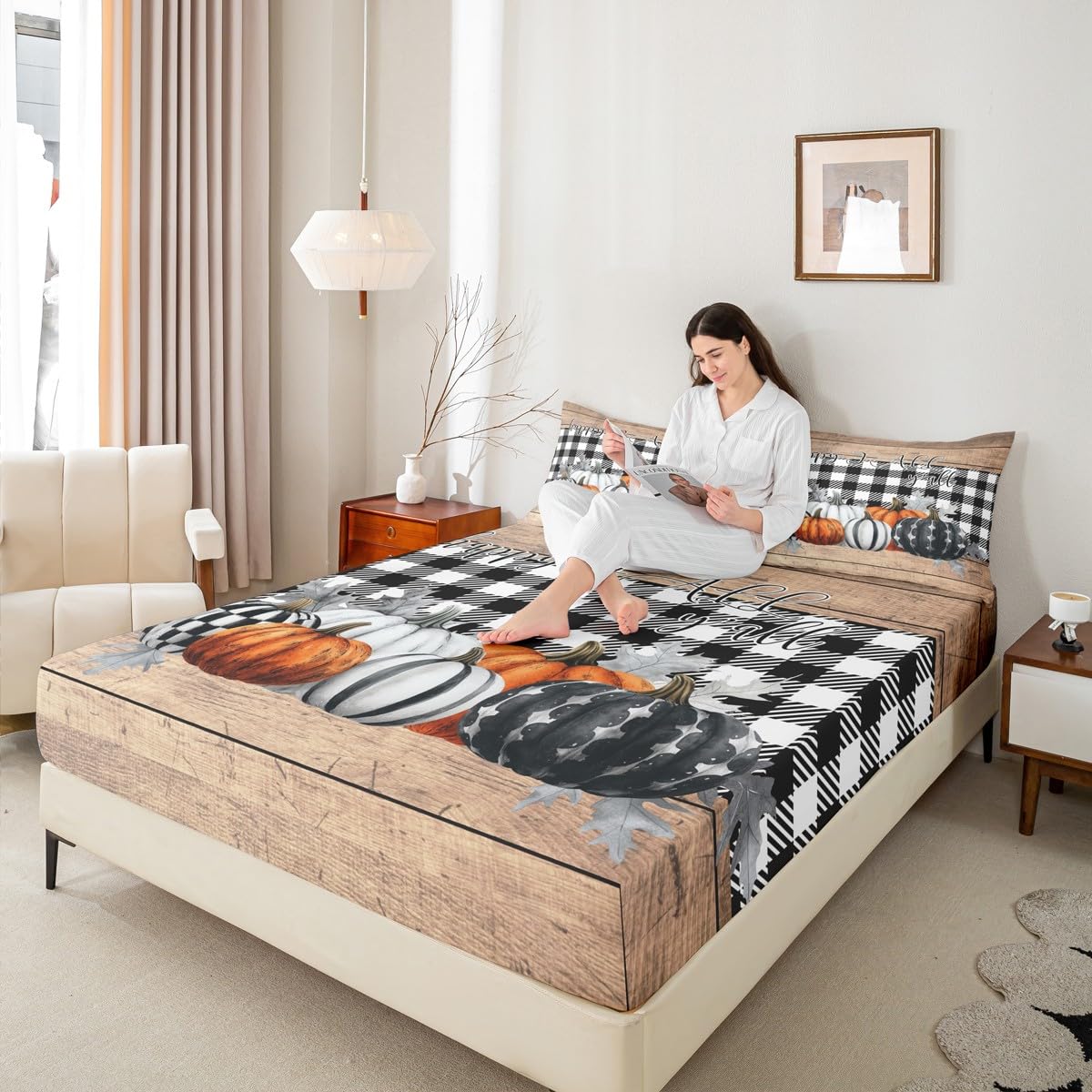 Fall Pumpkins Bed Sheets Queen Rustic Farmhouse Thanksgiving Theme Beddig Set Black White Buffalo Plaid Fitted Sheet Happy Autumn Fall Sheet Set Wooden Board Flat Sheet 2 Pillow Cases Home Room Decor