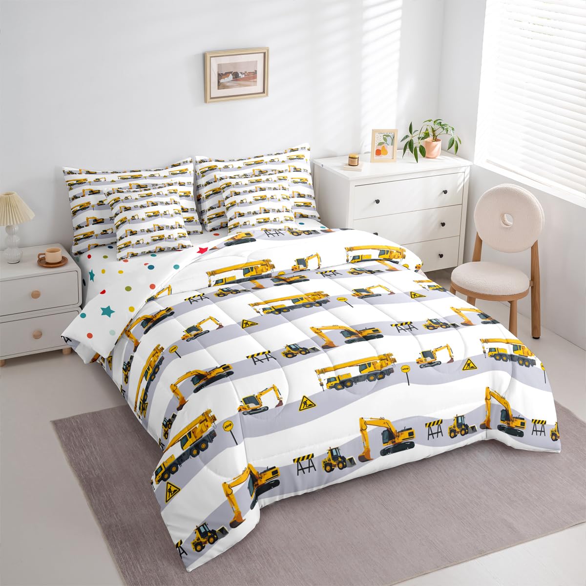 Erosebridal Cartoon Car Comforter Set with Sheets Twin Size Truck Excavator Bed in A Bag 7 Piece Yellow Tractor Bedding Set for Kids Boys Children Bedroom Construction Vehicle Bulldozer Bed Sets
