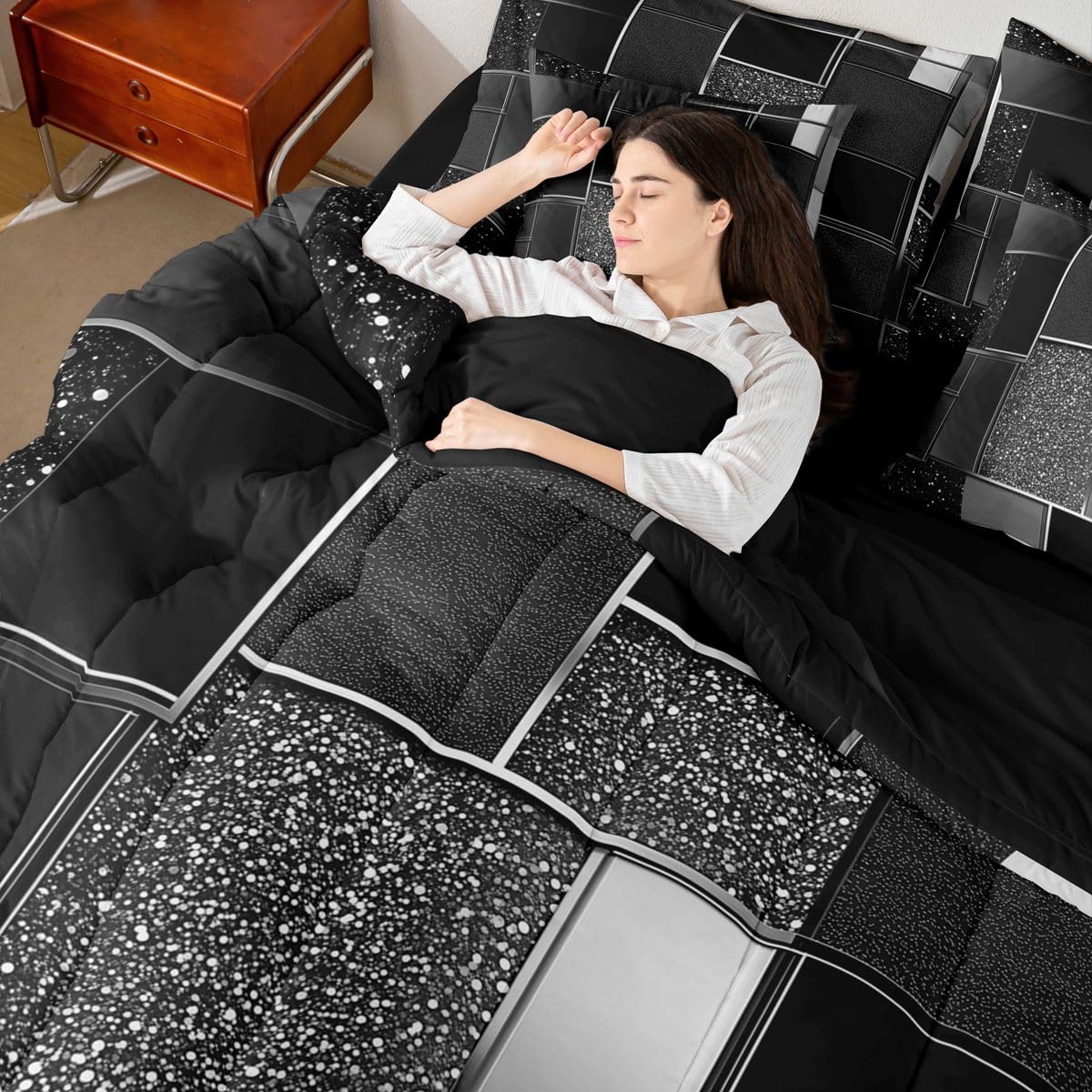 Feelyou Geometric Black Comforter Set with Sheets 7 Piece Full Size Modern Abstract Bed in a Bag Kids Boys Girls Metallic Print Geometric Bedding Set Bedroom Decor Breathable