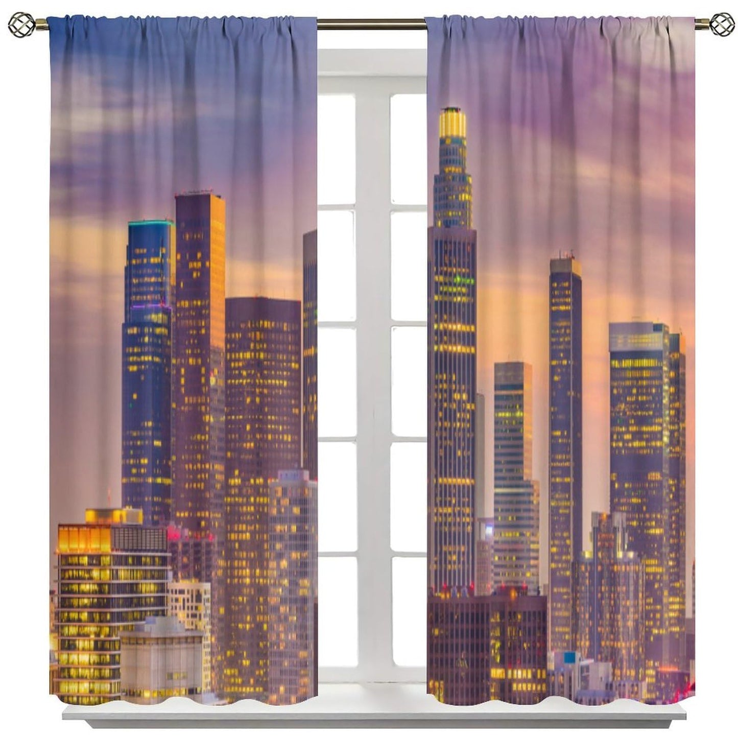 JADERYS Cityscape Curtains City Building Skyline Dreamy Purple Sky Sunset View Art Print for Bedroom Living Room Kitchen Blackout Rod Pocket Decoration Window Drapes 2 Panels W21xL45in