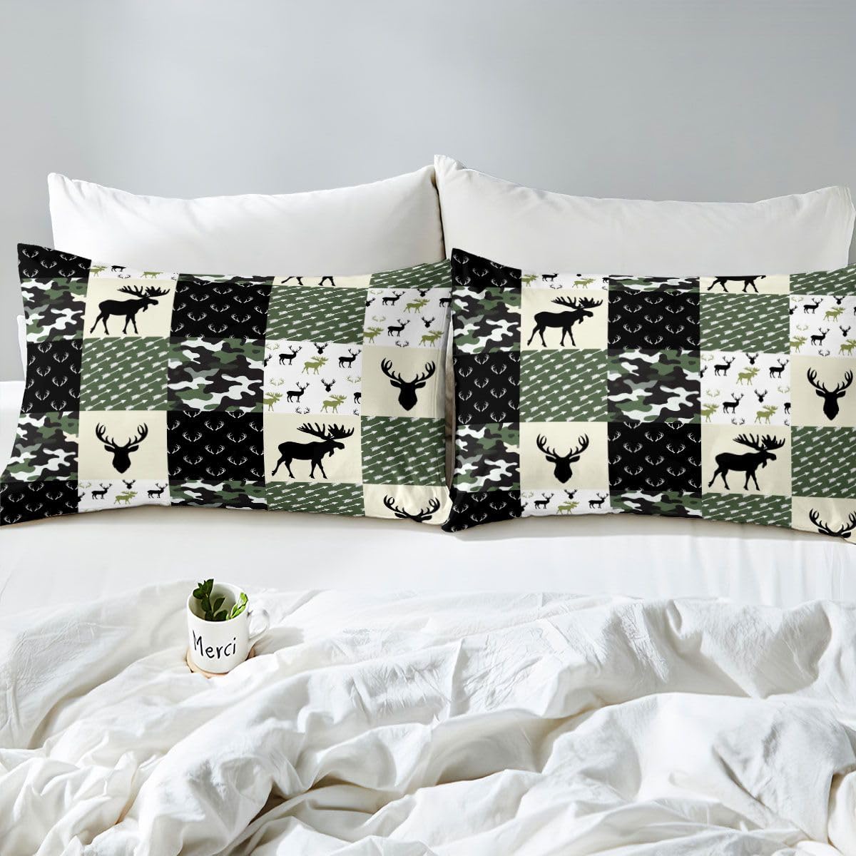 Army Green Camouflage Bedding Set, Camo Deer Silhouette Fitted Sheet for Kids Boys Teens Antlers Boho Arrows Bed Sheet Grid Militarily Fitted Bed Sheets 3 Pieces, Full Size(No Top Sheet)