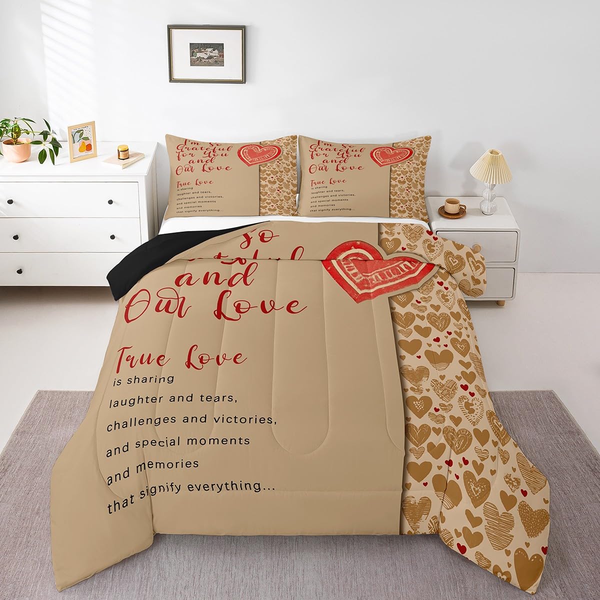 Erosebridal Valentine Gifts Comforter Set Queen for Couple,Romantic Motto Bedding for Women Men Adults,Cartoon Love Hearts Down Comforter,True Love Bedding Comforter Sets