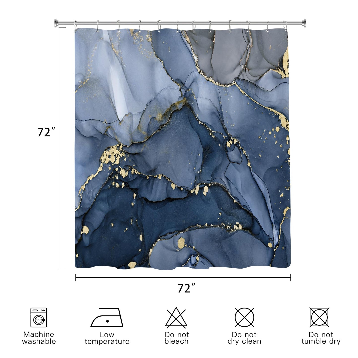 BayNook Navy Blue Marble Shower Curtain, Dark Blue Modern Abstract Fabric Shower Curtains for Bathroom, Luxury Art Ink Texture Watercolor Shower Curtain Set with Hooks 72x72