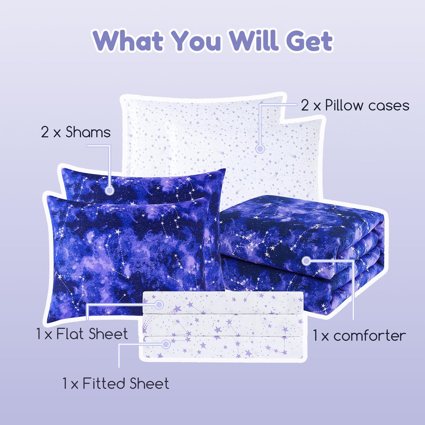 Wink Deer Full Size Comforter Set -7 Pieces Girls Boys Galaxy Glow in the Dark Full Bedding Sets for Kids, Ultra Soft Bed in A Bag with Sheets