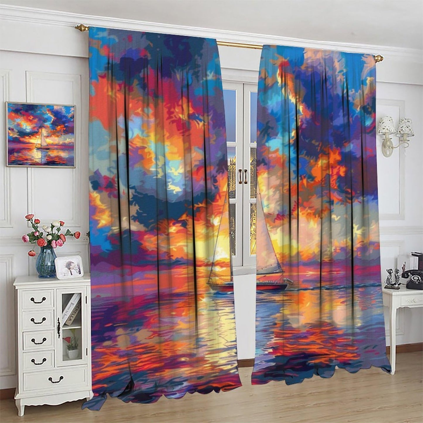 TOWINSFB Seaside Sky Cloud Sailboat Blackout Curtains for Living Room Bedroom, Colorful Sunset Ocean Ship Window Curtains Rod Pocket Thermal Insulated Window Drapes, 2 Panels, Each 21W x 45L