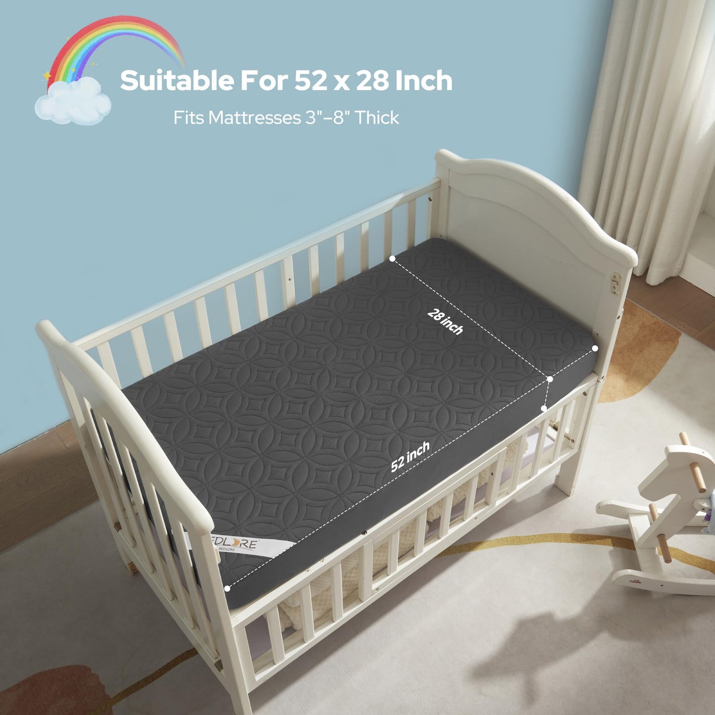 Waterproof Crib Mattress Protector 2 Pack, Soft and Breathable Crib Mattress Pad Cover, Noiseless Machine Washable Toddler Mattress Protector for Standard Baby Toddler Bed (52''x28'',Gray)