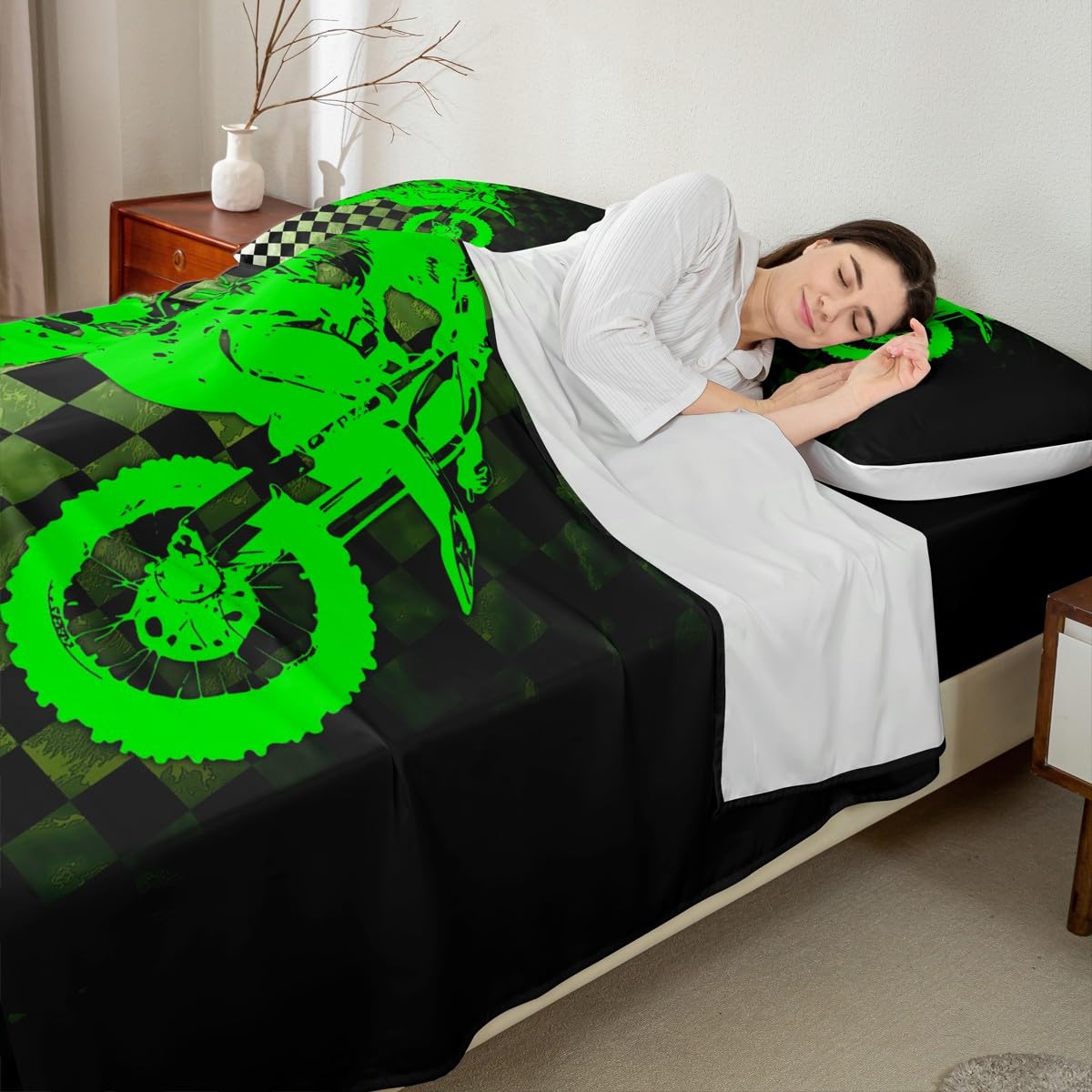 Boys Dirt Bike Bed Sheets,Motocross Rider Queen Sheet Set,Black and White Buffalo Plaid Sheets,Cool Sport Car Flat Sheet Fluorescent Green Motorcycle Fitted Sheet for Kids Teens Bedroom Decor…