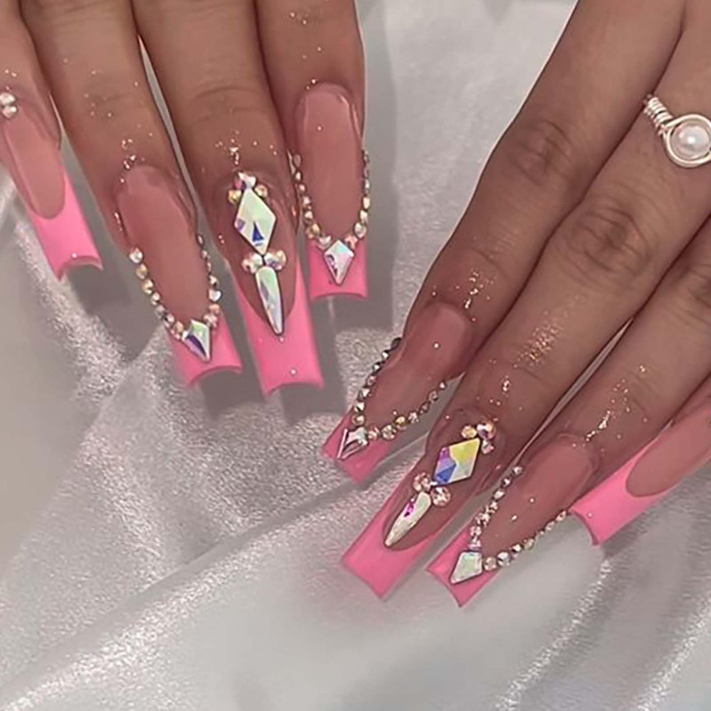 YoYoee Luxury Long Square False Nails Crystal Gem Design Tips Nails Rose French Press on Nails Acrylic Full Cover Fake Nails for Women and Girls 24PCS