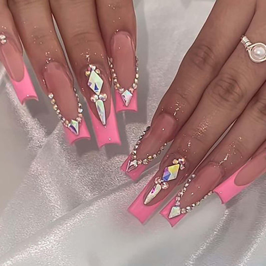 YoYoee Luxury Long Square False Nails Crystal Gem Design Tips Nails Rose French Press on Nails Acrylic Full Cover Fake Nails for Women and Girls 24PCS