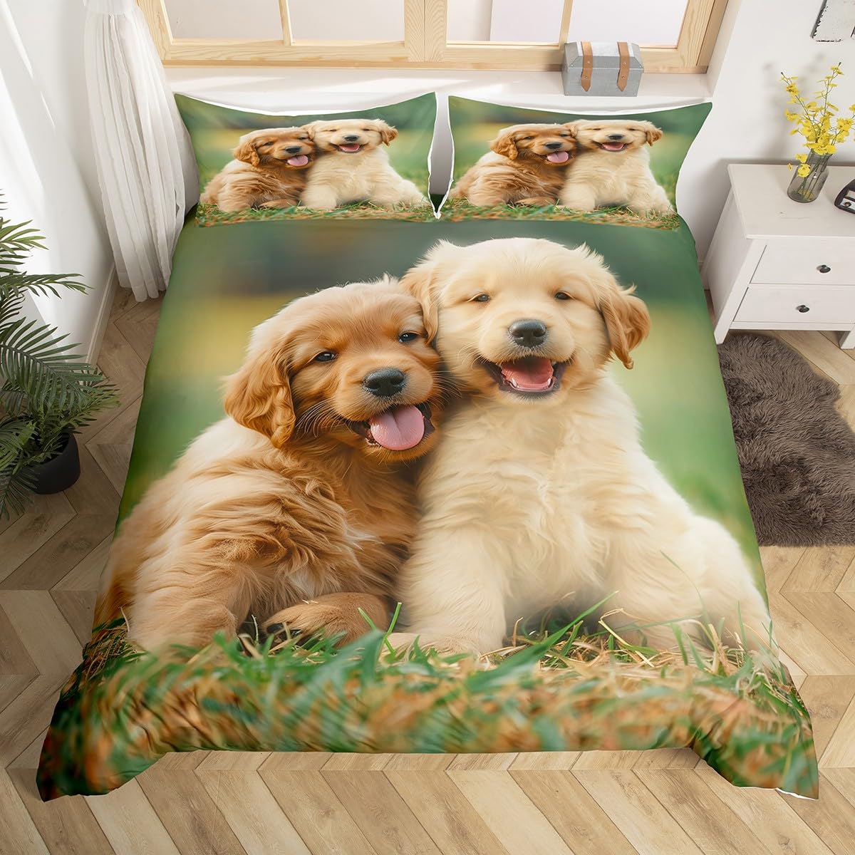 Homewish Cute Golden Retriever Bedding Set for Kids Teens Green Grass Decor Comforter Cover (No Comforter) Soft Polyester Duvet Cover Set (1 Duvet Cover + 2 Pillow Cases) Full Size