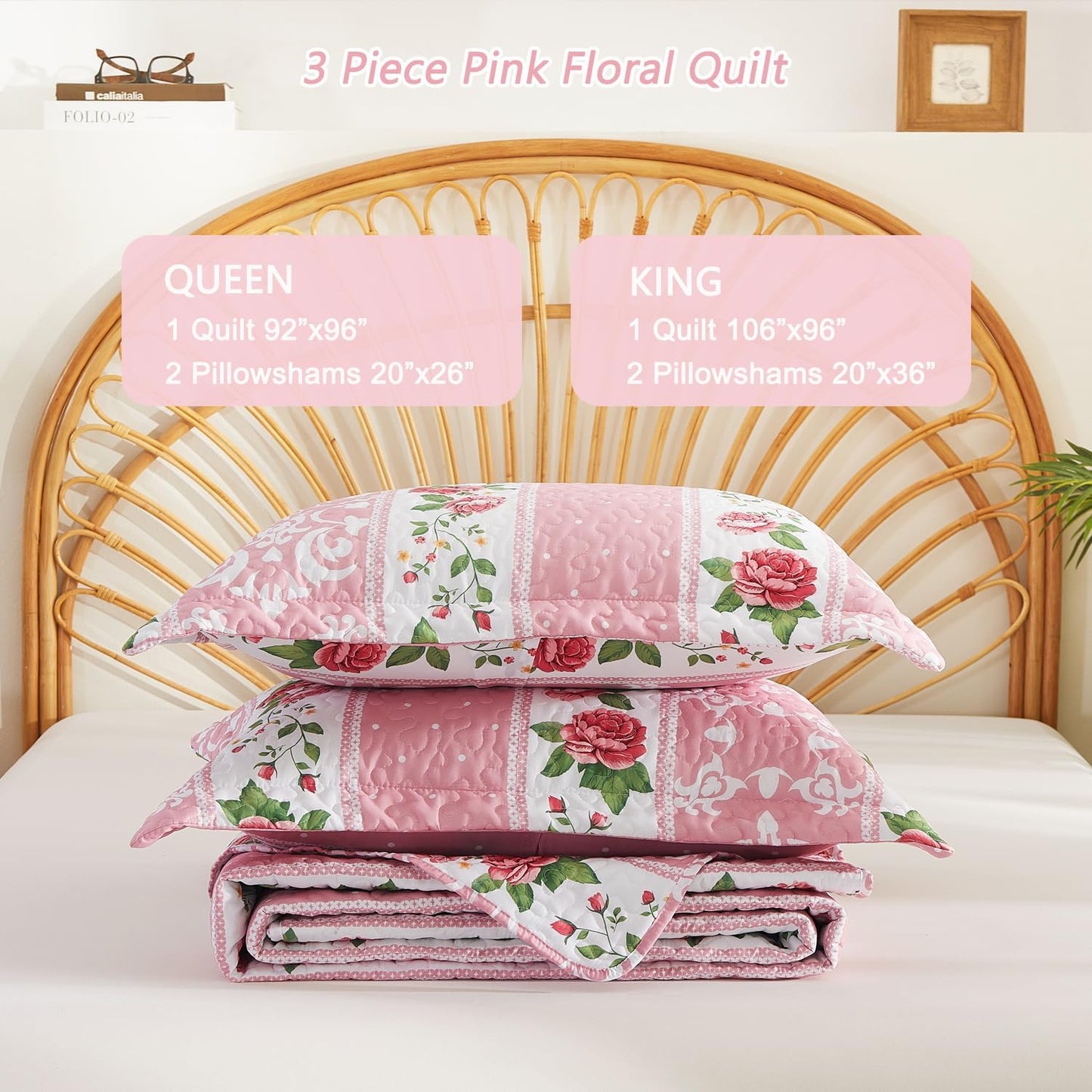 EVENHUG Quilt Queen Size Bedding Set Floral Bedspread Lightweight Reversible Bed Cover with 2 Pillow Shams for All Seasons 3 Pieces (92"X96")