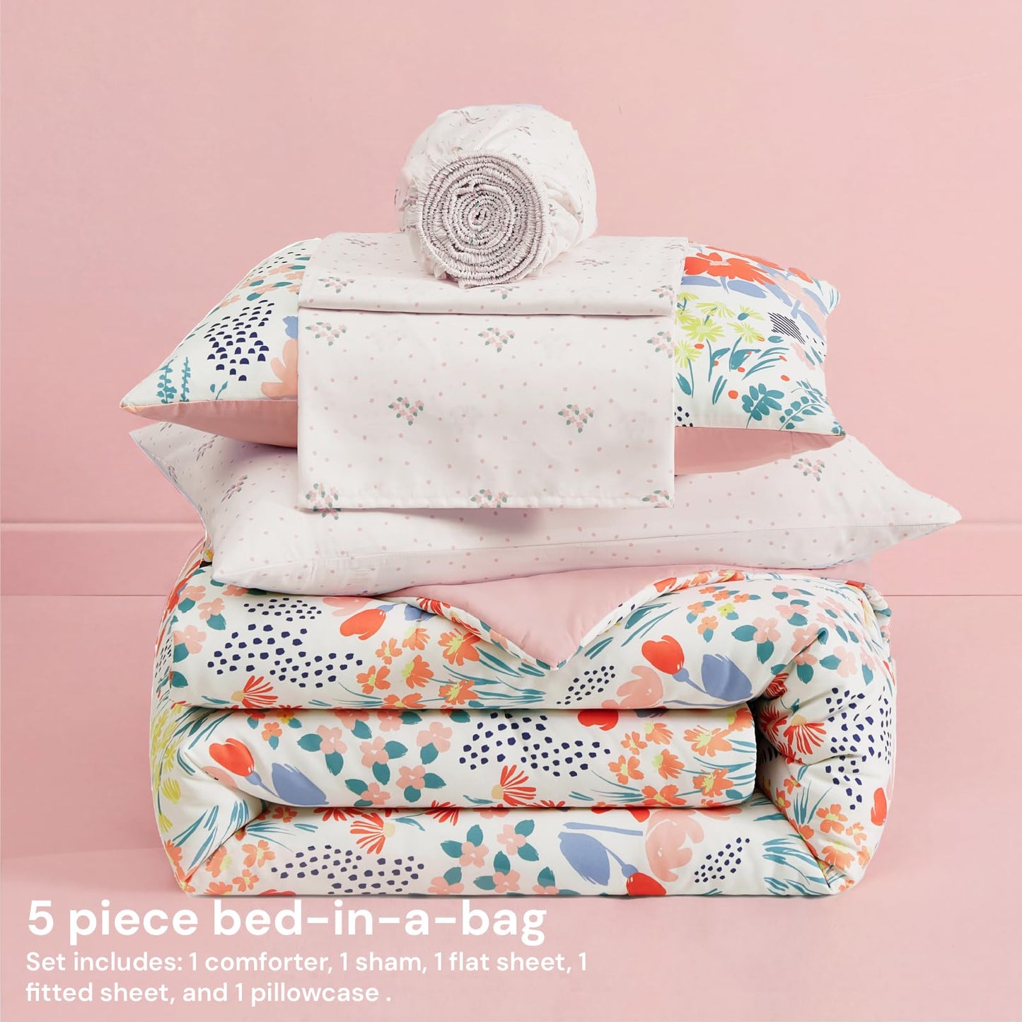 BLOOMHAVEN Twin XL Comforter Set for Girls, 5 Pieces Pink Botanical Floral Bedding Set, All Seasons Kids Dorm Bed in a Bag with Sheets, Pillowcase & Sham