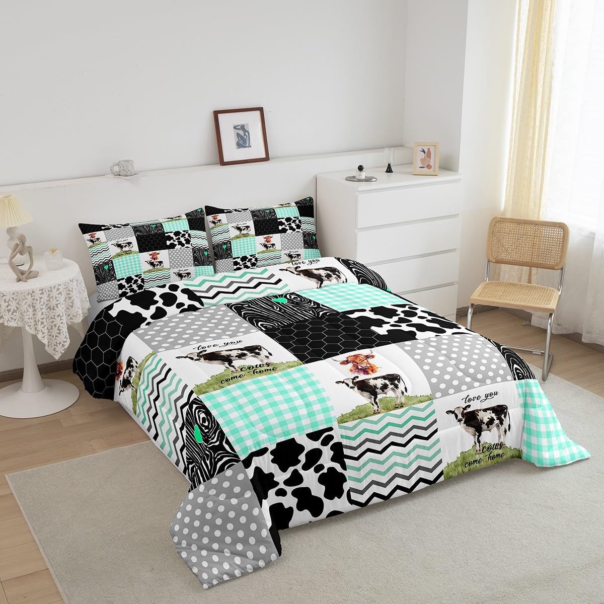 Erosebridal Cute Cow Print Comforter Set Queen Size Kawaii Highland Cow Bedding Set Bedroom Decor Honeycomb Plaid Pattern Geometric Stripes Down Comforter Farm Animals Duvet Set, Green Black Grey