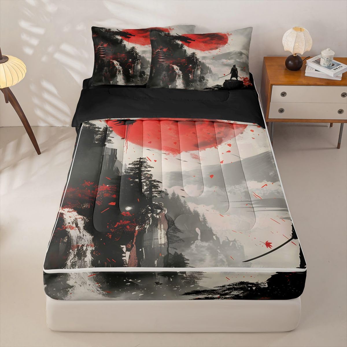 Erosebridal Japanese Samurai Zipper Bedding Black Dragon Twin Bed in a Bag Set for Boys Girls Teen Red Sun Mountain Kids Comforter Set with Fitted Sheet Retro Ink Painting Style Zip Up Bedding