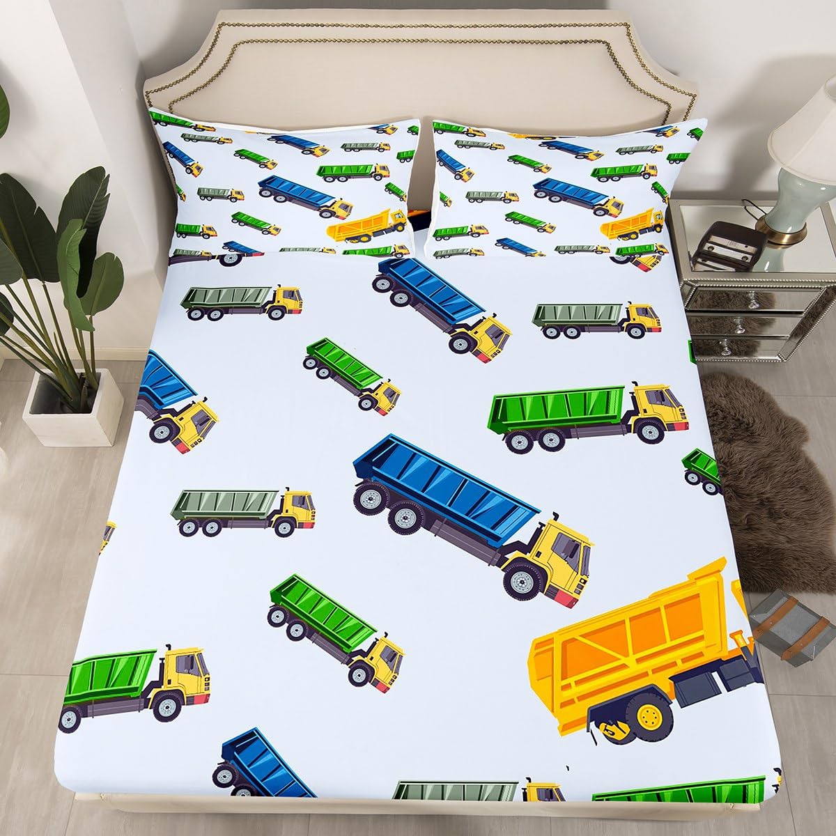 Cute Garbage Truck Bed Sheet Set - Cartoon Car Equipment Fitted Sheet for Boys Girls - Rubbish Vehicle Bedding Cover Full Size With 2 Pillow Cases