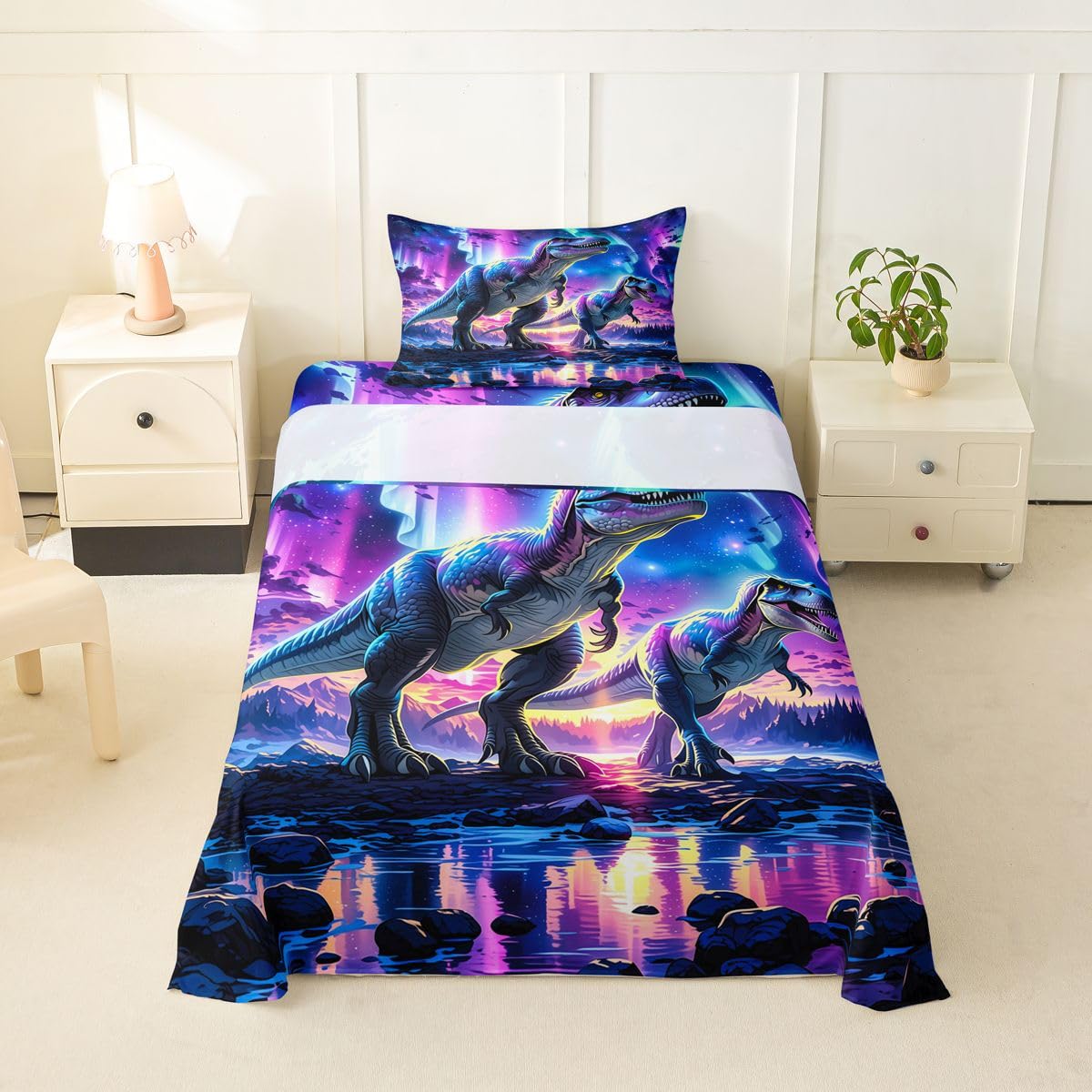 Feelyou Dinosaur Bed Sheets Set Twin Size 3D Digital Print Bed Set for Kids Boys Girls Jungle Dino Deep Pocket Fitted Sheet Wild Animal Breathable Soft Lightweight Microfiber Purple Blue