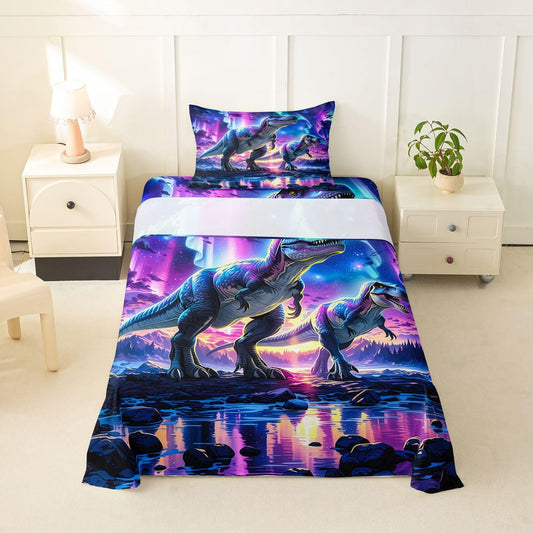 Feelyou Dinosaur Bed Sheets Set Twin Size 3D Digital Print Bed Set for Kids Boys Girls Jungle Dino Deep Pocket Fitted Sheet Wild Animal Breathable Soft Lightweight Microfiber Purple Blue