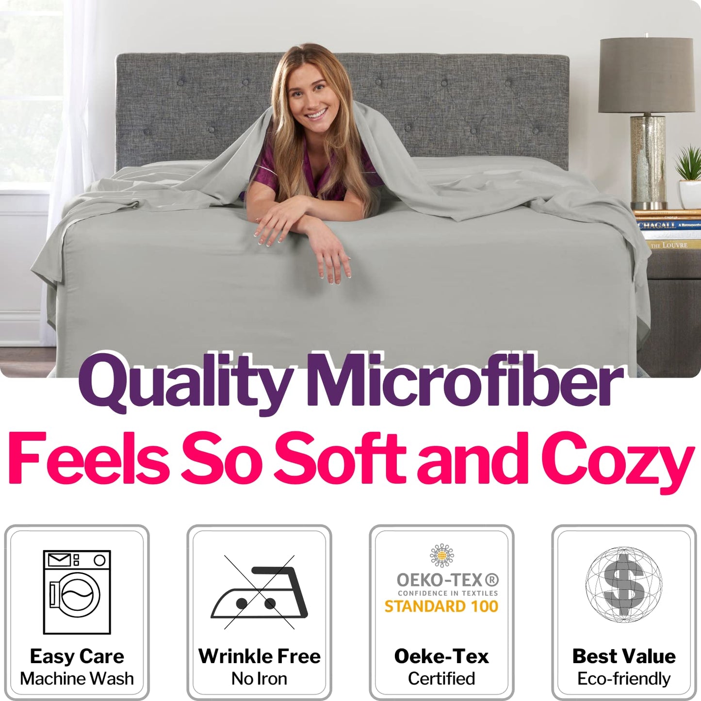 Extra Deep Pocket King Bed-Sheets – 4-Piece Includes: 18”-21” Inch Super Extra Deep Pocket Fitted Sheet – Real Oversize Flat Sheet – 2 Zipper Closure Pillowcases – King Size – Silver Light Gray