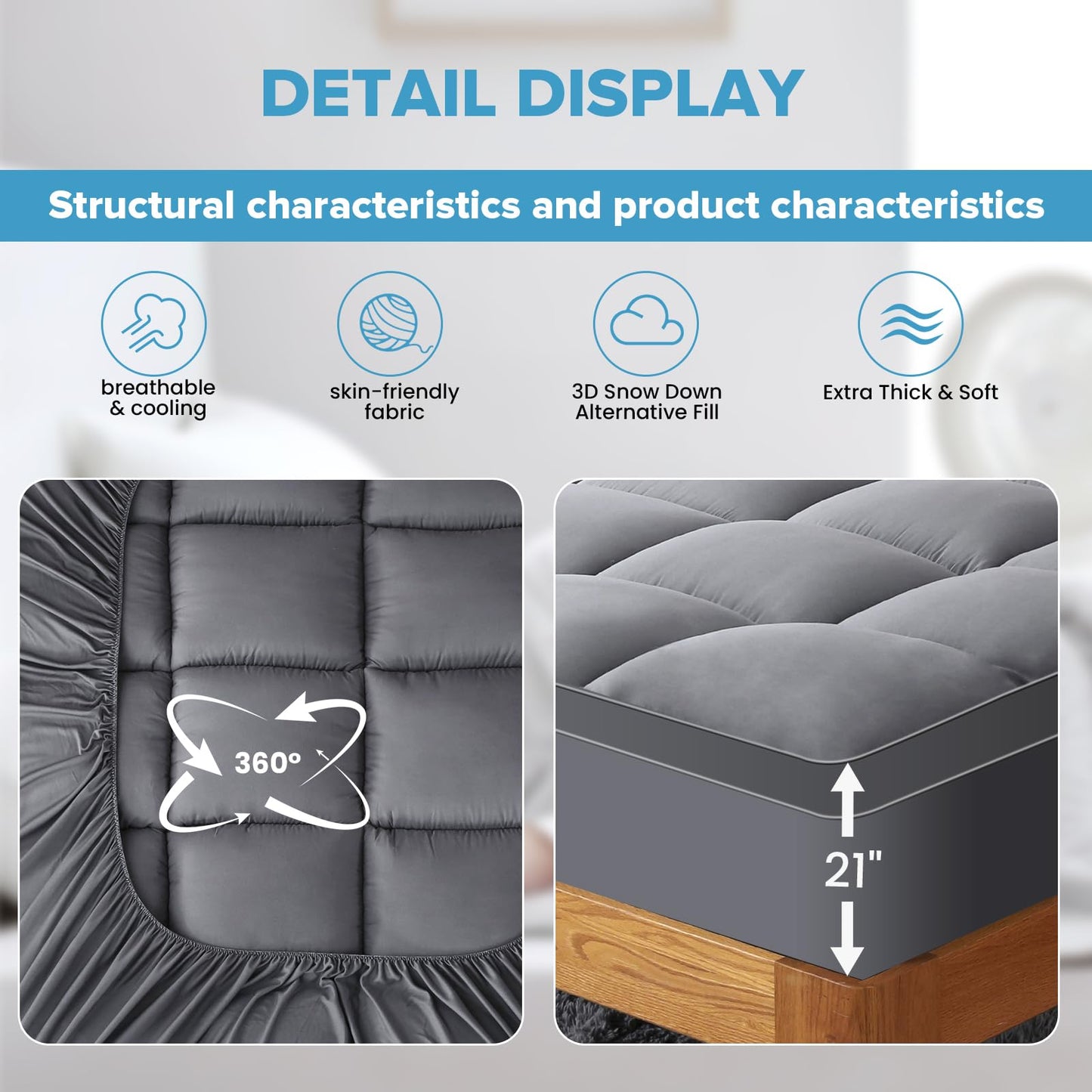 VALUXE California King Mattress Topper Cooling Pillow Top Fitted Mattress Pad Cover Extra Thick Bed Topper Down Alternative Soft Mattress Protector for Back Pain Relief with 8-21 Inch Deep Pocket Grey